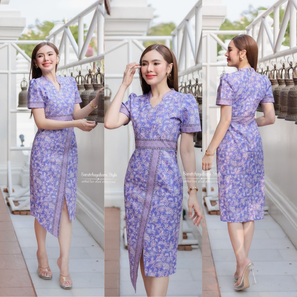 ชุดเดรสผ้าคอตต้อน พิมพ์ลายปาเต๊ะ คอจีน ผ่าหน้าชายกระโปรงเฉลียง ลายสวย สีชัด ทันสมับสุดๆ