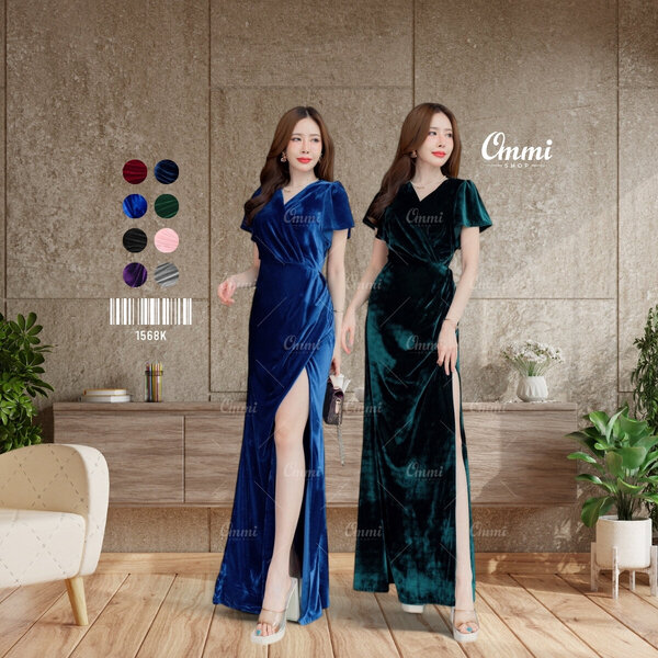 Ommishop ชุดราตรี 1568K เสื้อคอวีแขนสั้น กำมะหยี่ เดรสออกงาน ชุดงานแต่ง เพื่อนเจ้าสาว