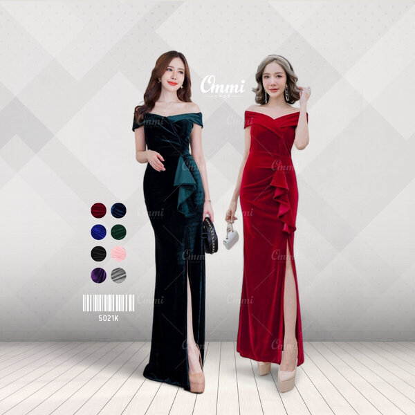 Ommishop ชุดราตรี 5021K ปาดไหล่วีนก กำมะหยี่ เดรสออกงาน ชุดงานแต่ง เพื่อนเจ้าสาว