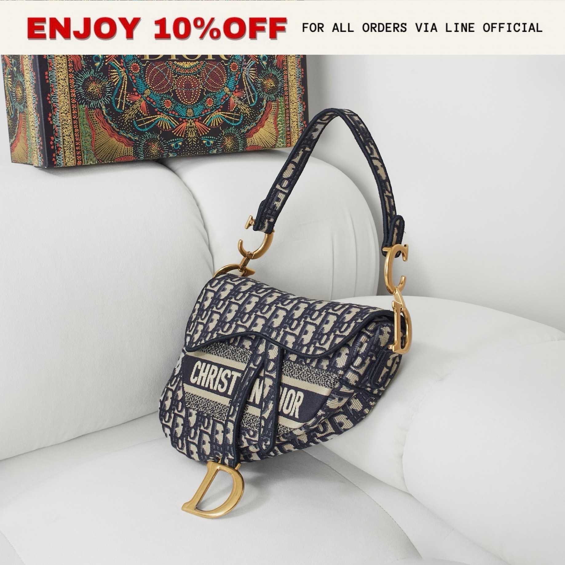 📍LIKE NEW📍DIOR Saddle Medium สี Blue Dior Oblique Canvas GHW | Bag