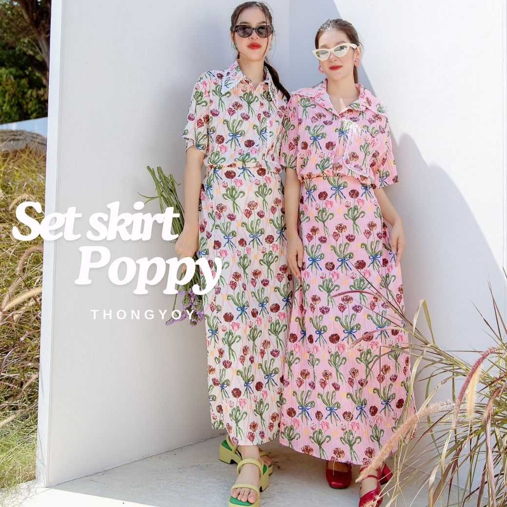 Set Poppy เสื้อเชิ้ตเเขนสั้น&กระโปรงยาว ( ขายทั้งเซตเเละขายเเยกชิ้น )