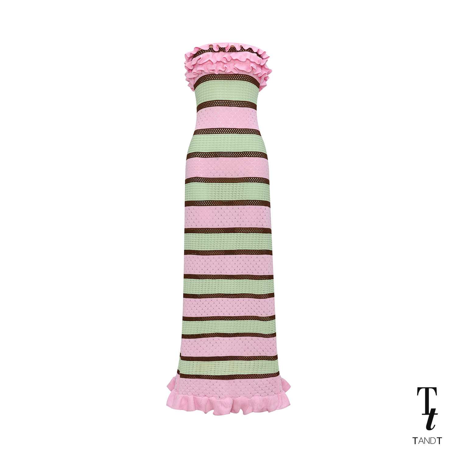 TandT - NALANI DRESS - RUFFLE TRIMMED HORIZONTAL STRIPE BODYCON KNITTED MAXI DRESS