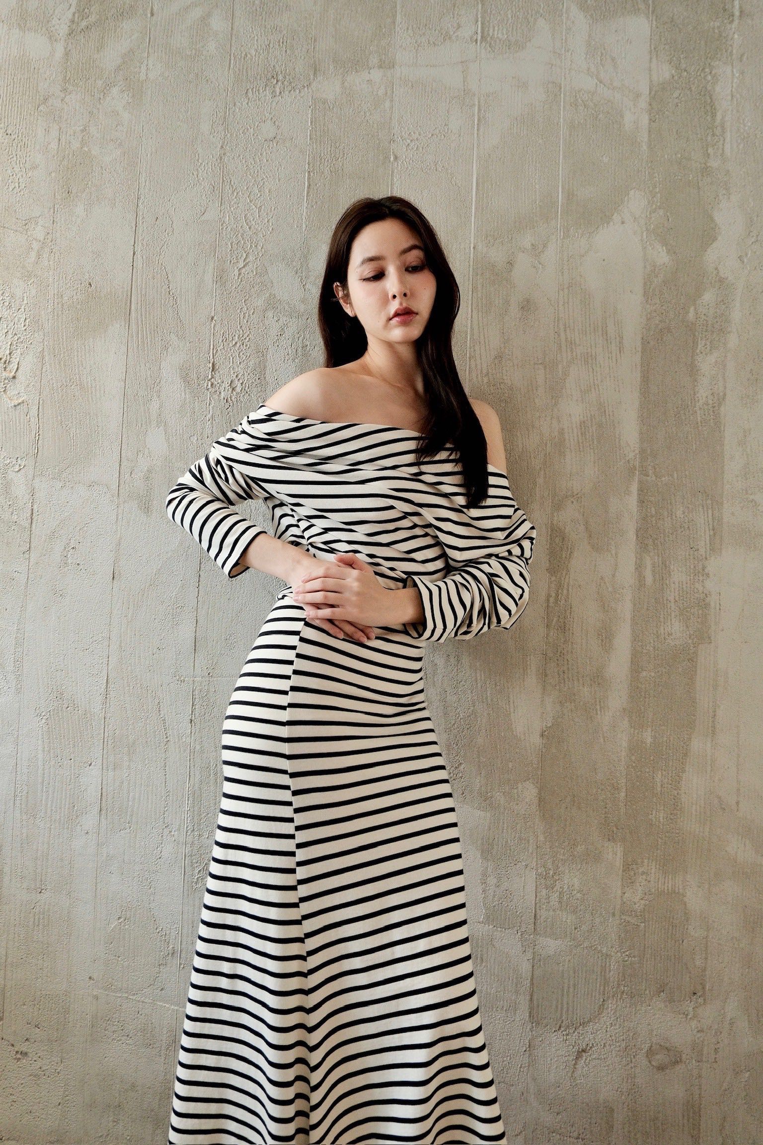 A.W.A.K.E MODE  OFF SHOULDER ASYMMETRIC DRESS - ORGANIC COTTON STRIPE