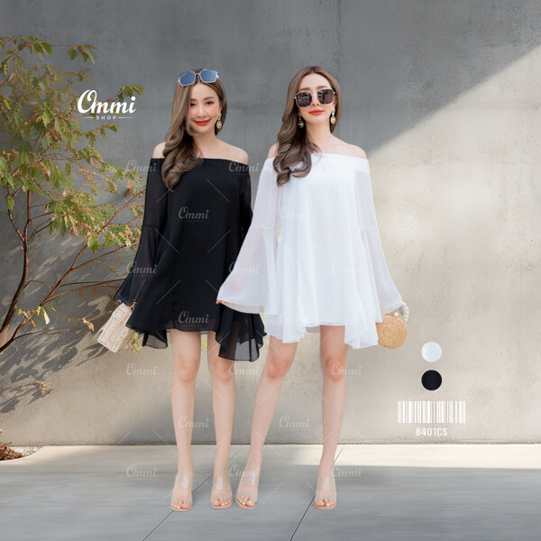 Ommishop ชุดราตรีสั้น 8401CS มินิเดรสแขนระบาย ผ้าชีฟอง เดรสออกงาน ชุดงานแต่ง เพื่อนเจ้าสาว