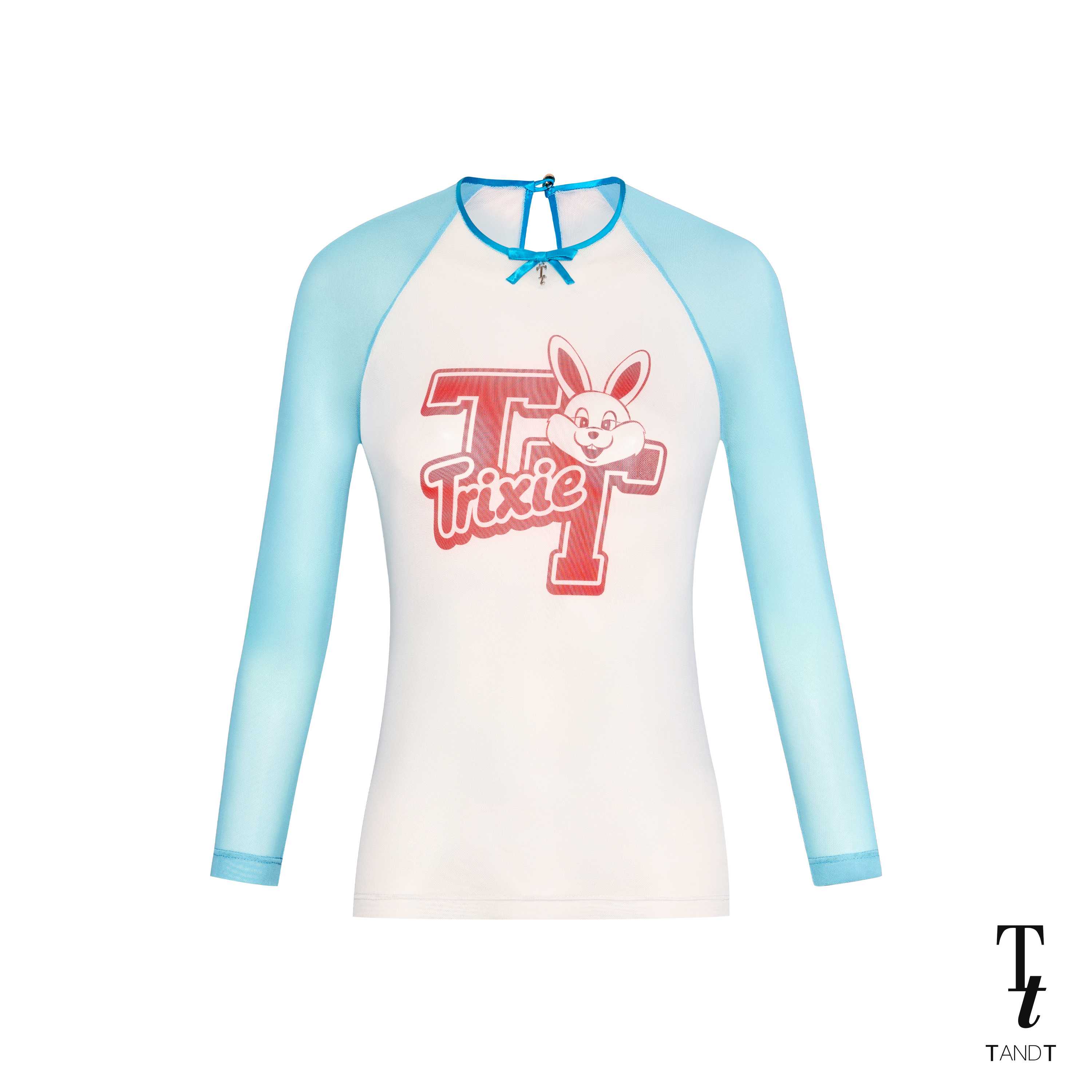 TandT - SHAYLA TOP - TRIXIE LOGO PRINTED RAGLAN LONG SLEEVES TULLE TOP