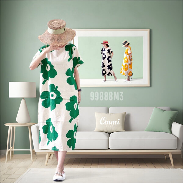 Ommishop 99888M3 ชุดเดรสแฟชั่น คอกลม แต่งผ่าข้าง ลายดอก Mari มารีเมกโกะ Cotton Japan 100% (Bonus)...