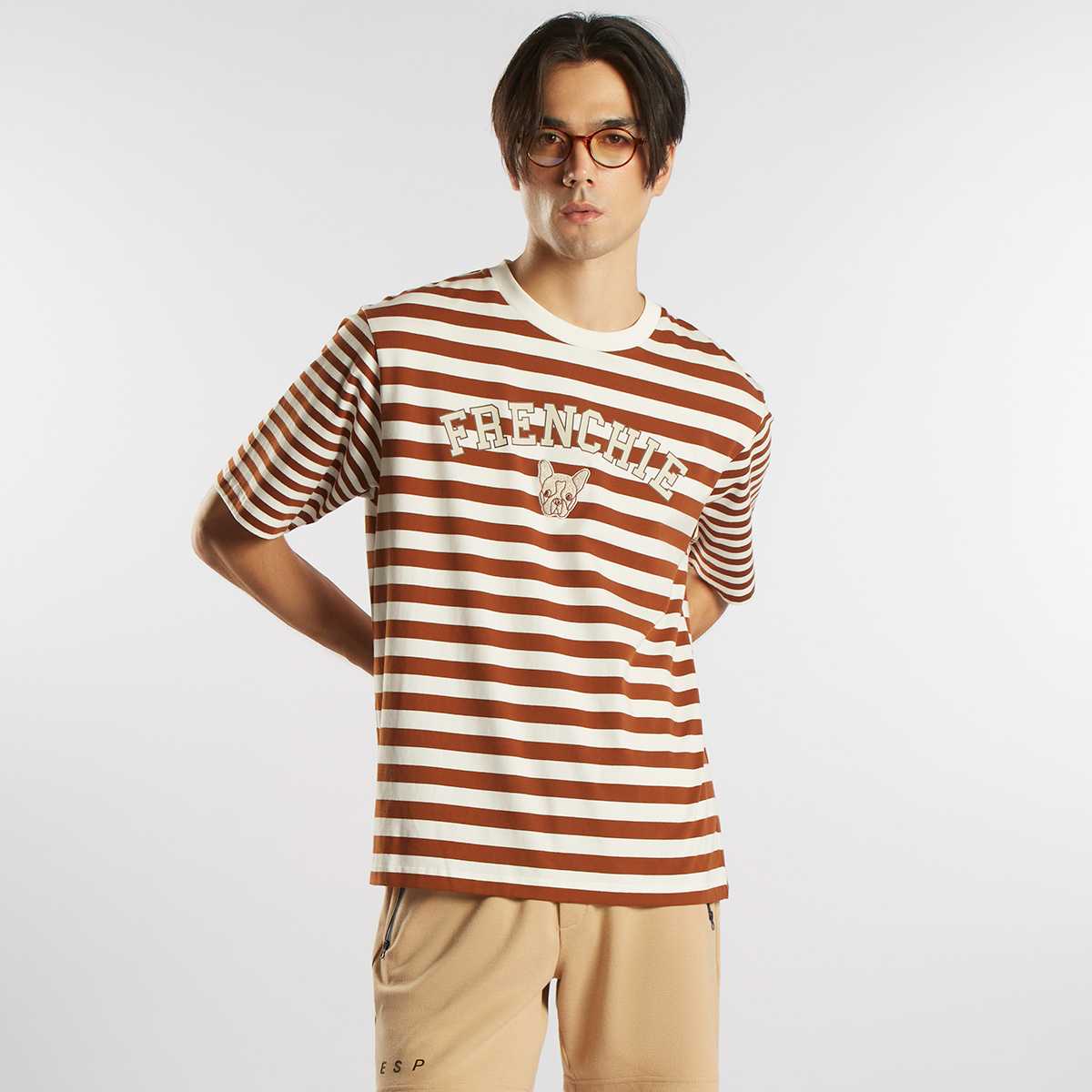 เสื้อทีเชิ้ตลายทางแต่งลายปักผ้าขนหนู | Stripe Tee Shirt with Terrycloth Details (Oversized) | 03841