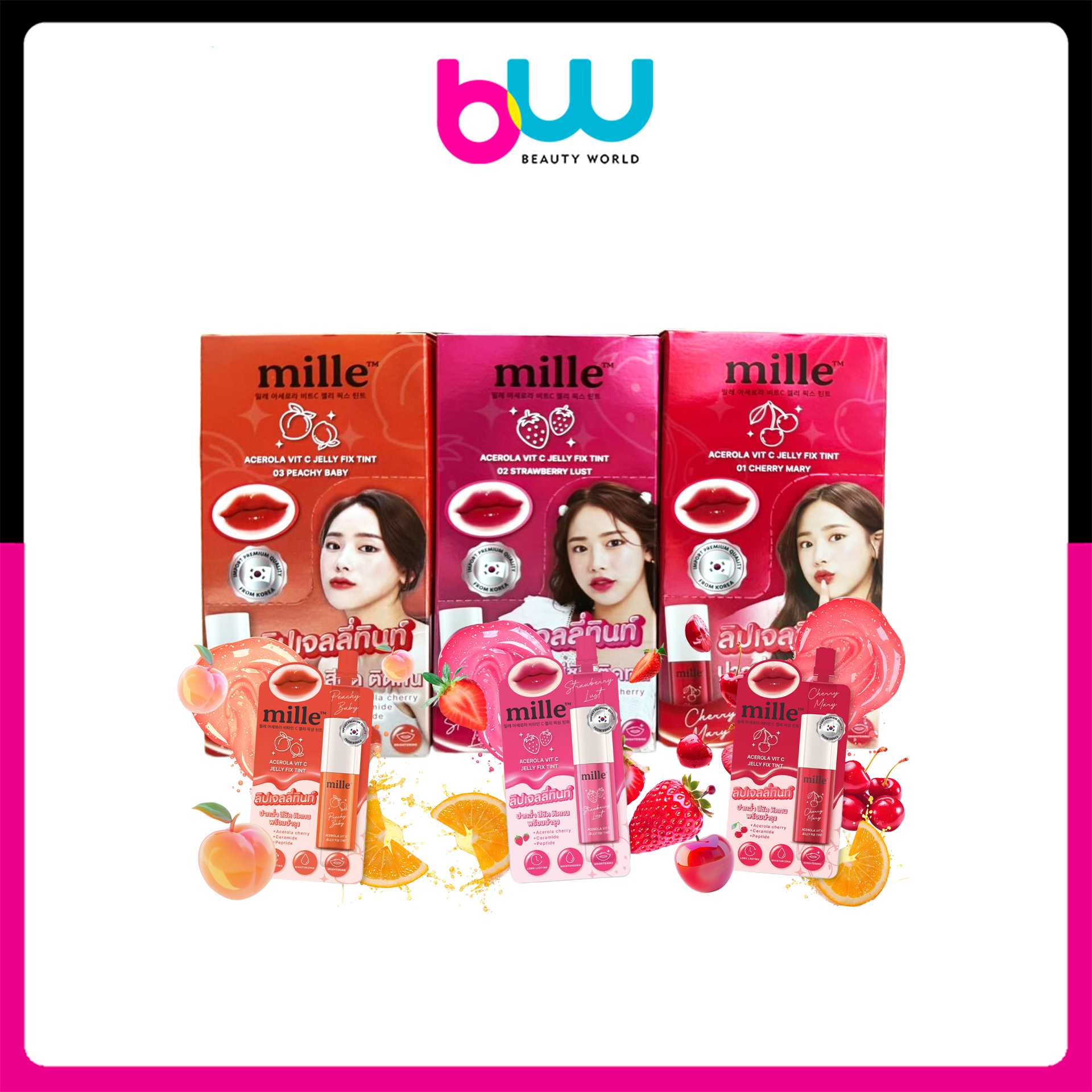[ กล่องx6 ] Mille Acerola Vit C Jelly Fix Tint มิลเล่ อะเซโรลา วิต ซี เจลลี่ ฟิกซ์ ทินท์ 3g.