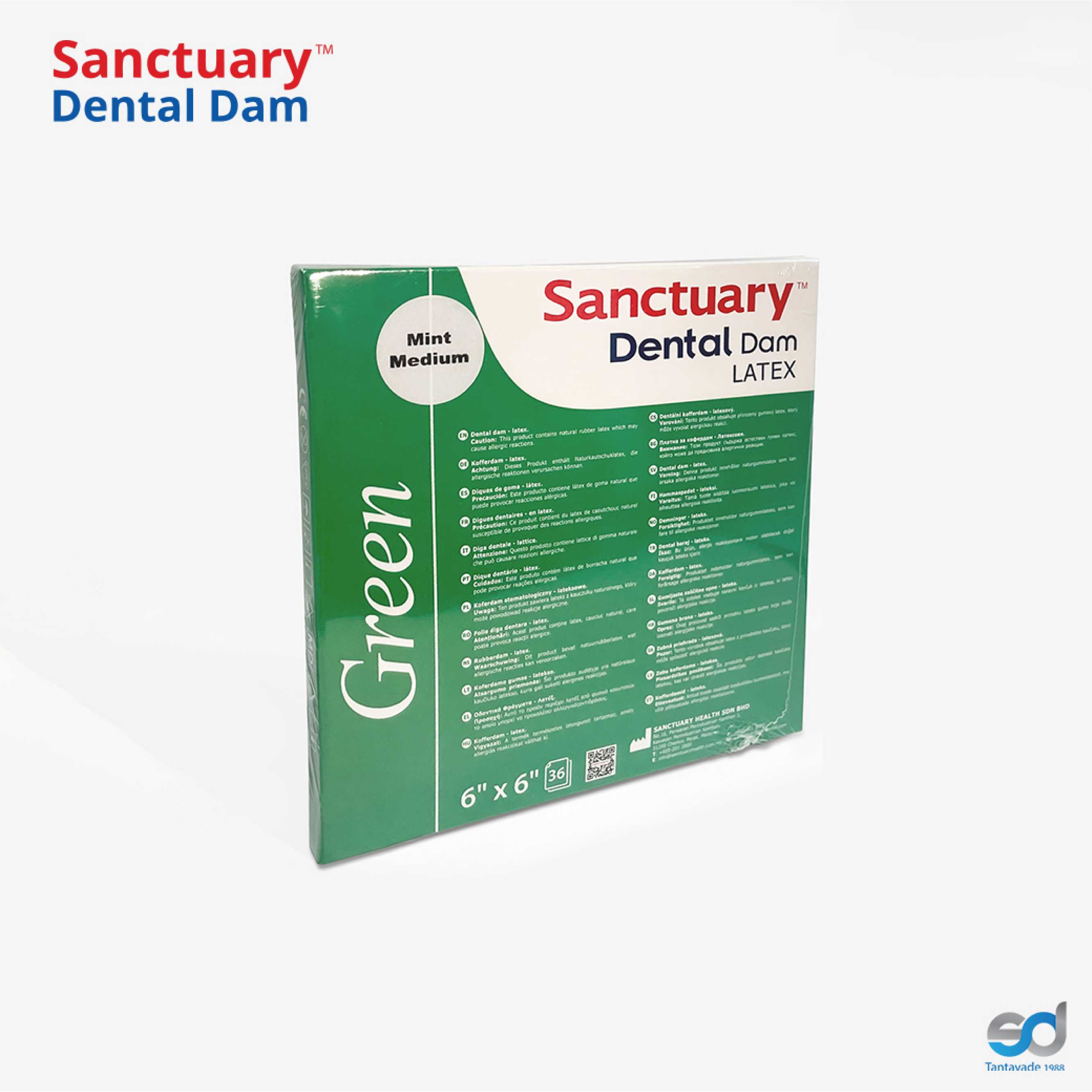 Sanctuary Dental Dams 6x6 Green Mint (medium 0.18mm, 36 sheets)