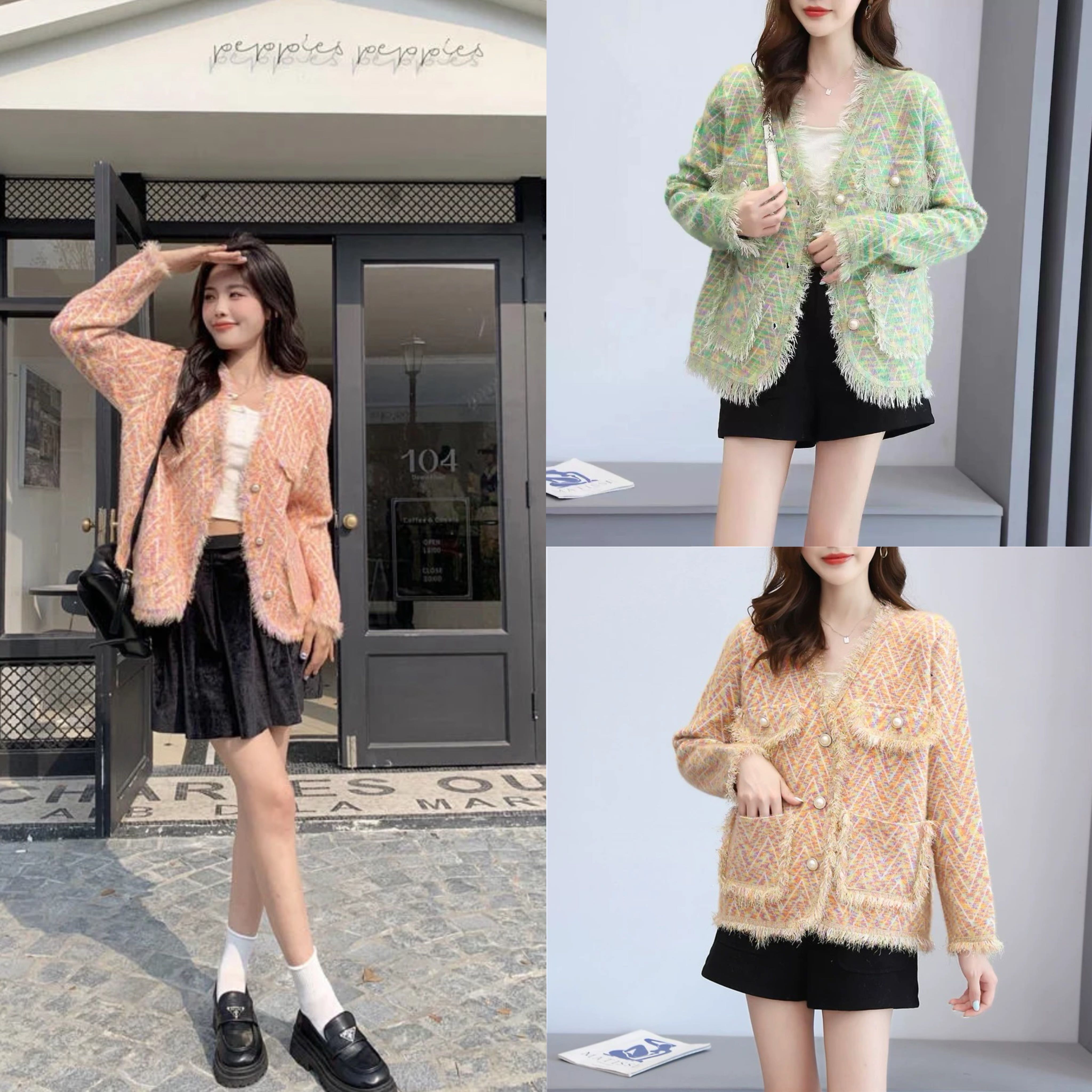 เสื้อคาร์ดิแกนงานแต่งขนฟู่ผ้าขนมิ้งค์ผสมผ้าทวิต ลุตสไตล์เกาหลีผู้ดี สีเด่นกล้องขับผิว