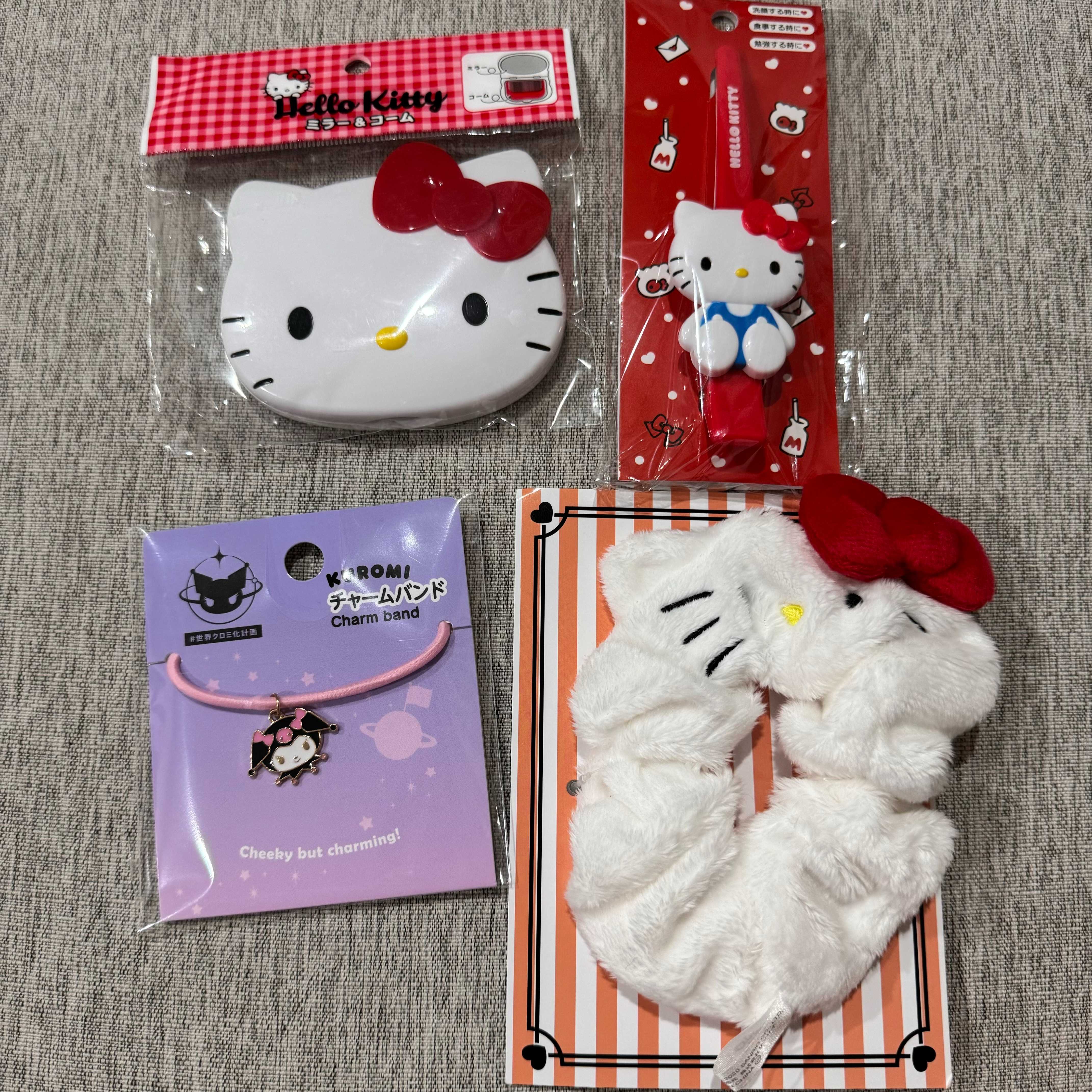 พร้อมส่ง กระจกพกพา กิ๊ฟ หนังยางรัดผม hello kitty  และหนังยางรัดผม kuromi จากญี่ปุ่น