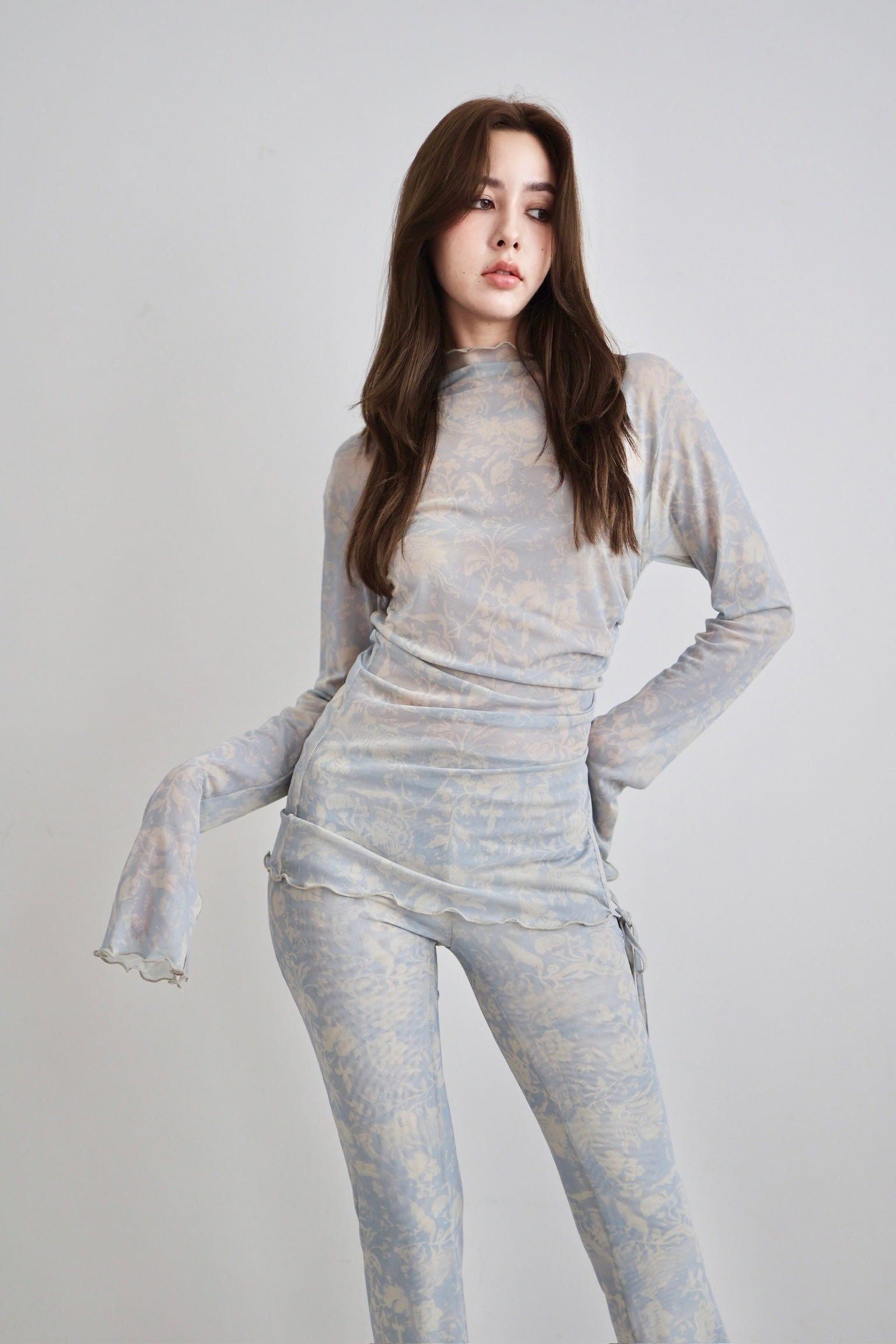 SALE Jade Cropper  Draped long sleeve top - Wilted flowers Blue/Beige