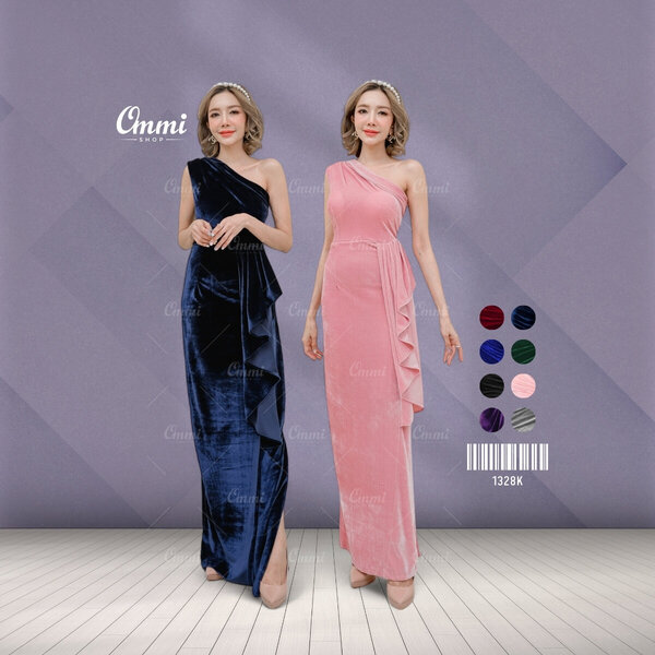 Ommishop ชุดราตรี 1328K ไหล่เดี่ยว ผ่าข้าง กำมะหยี่ เดรสออกงาน ชุดงานแต่ง เพื่อนเจ้าสาว