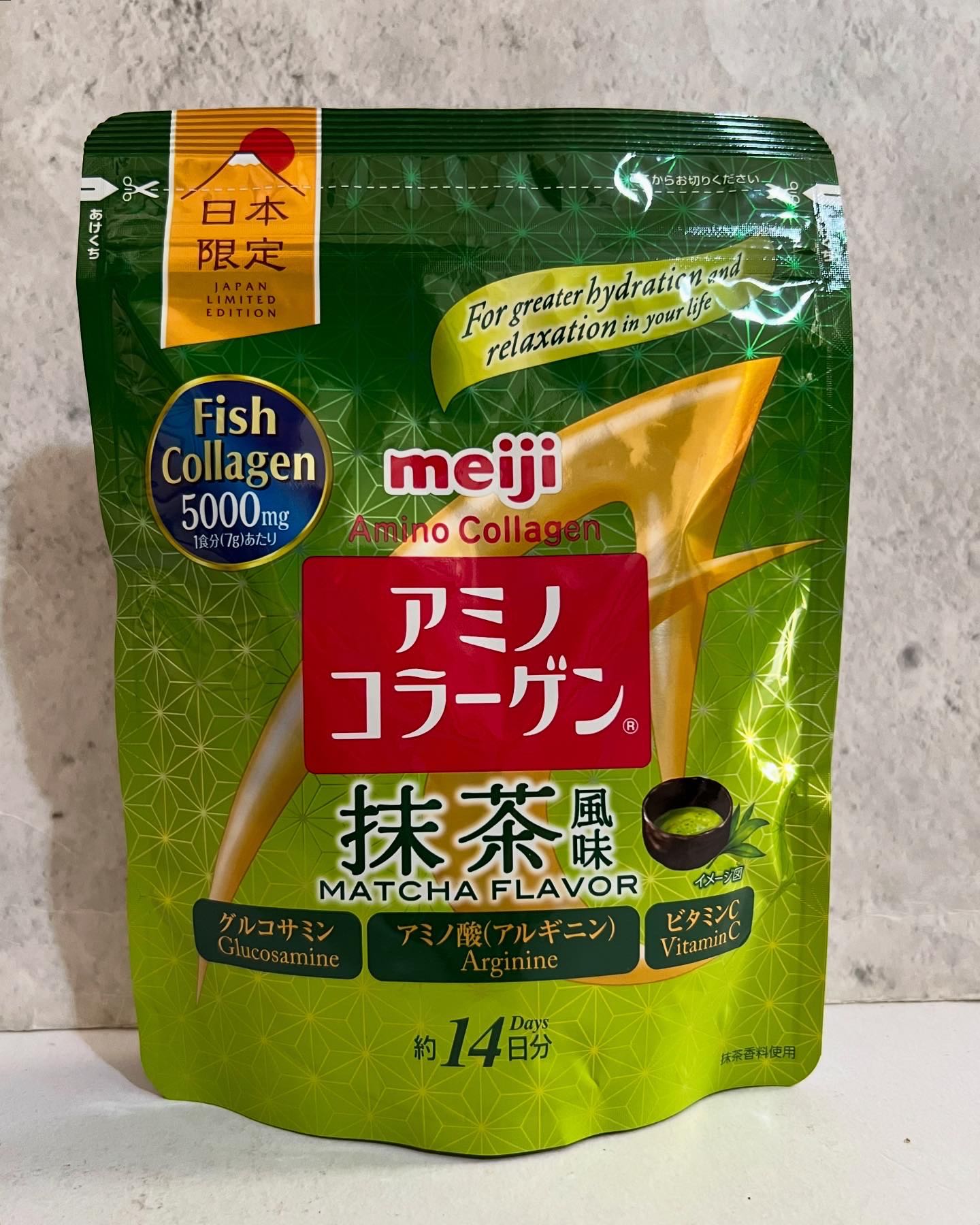 Meji Amino Collagen (Fish Collagen 5,000 mg) NATCHA Flavor  98g (14 วัน) 2026-07  คอลลาเจนรสชาเขียว 