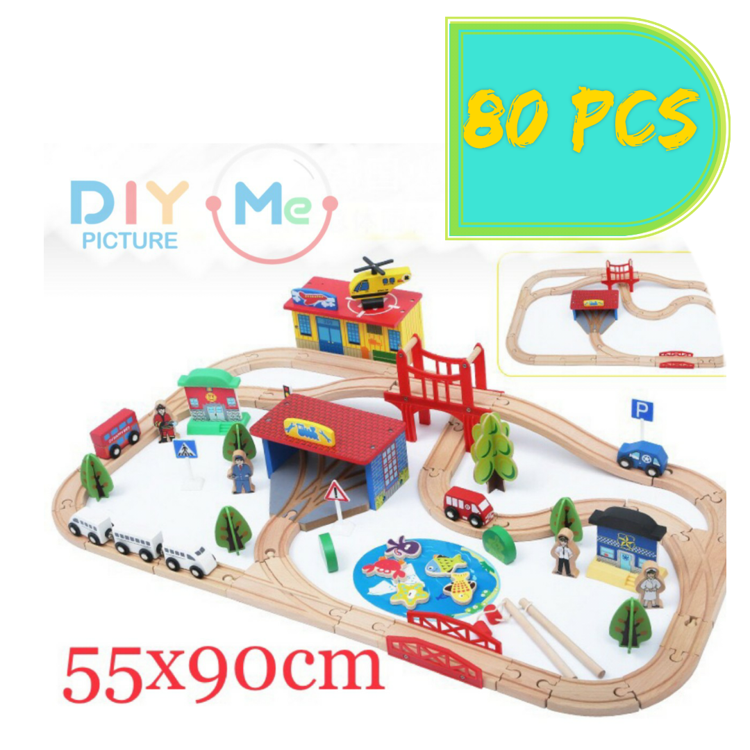 ชุดรถไฟไม้80ชิ้น ต่อกับรางIKEAได้ Woodtoy TrainRailwayรางไม้ใช้ได้สองด้าน เสริมจินตนาการ ลดสมาธิสั้น