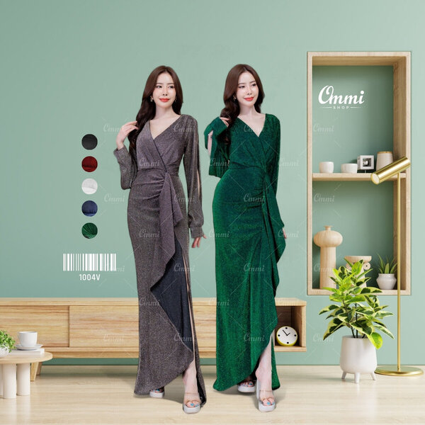 Ommishop ชุดราตรี 1004V คอวีแขนยาว เดรสออกงาน ชุดงานแต่ง เพื่อนเจ้าสาว