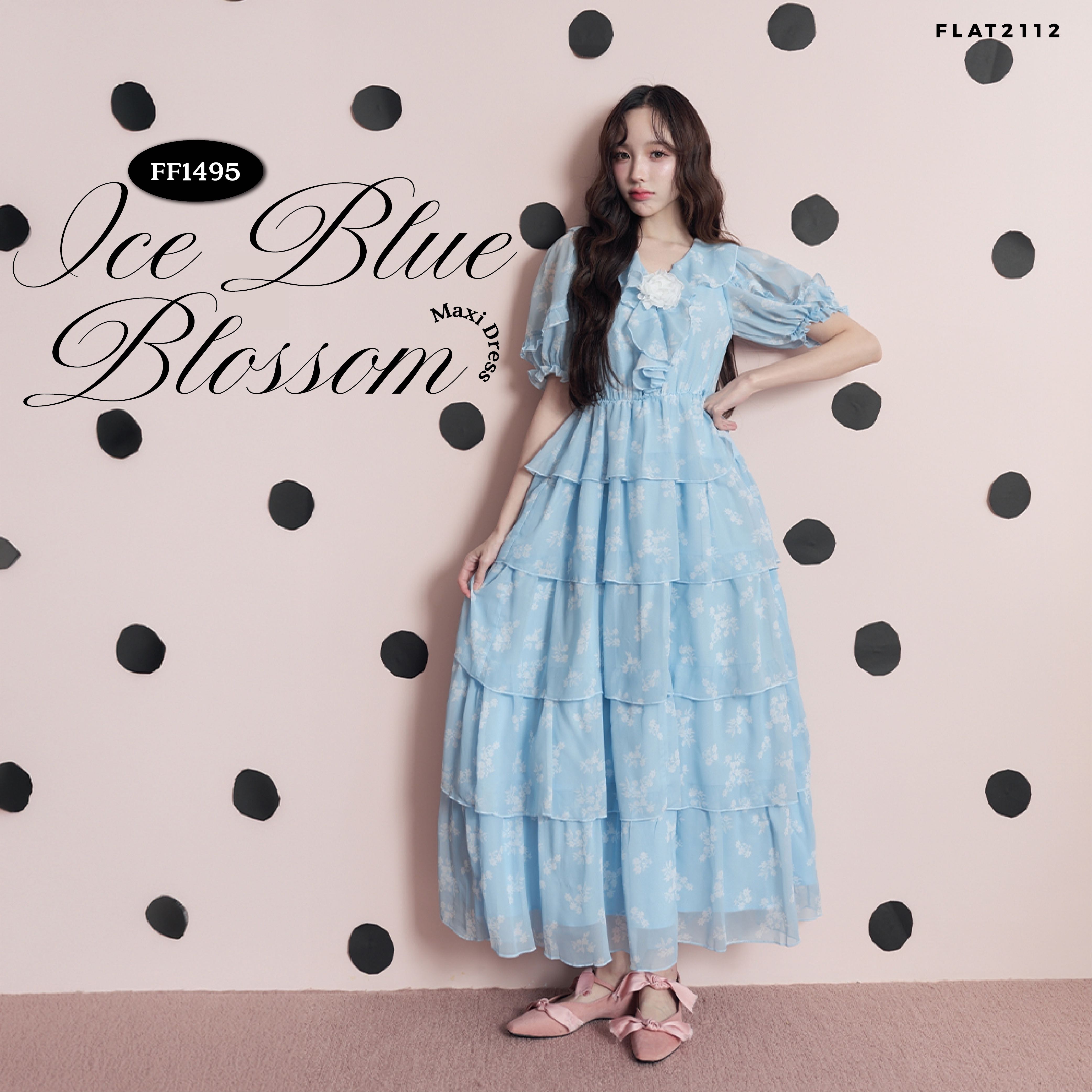 FLAT2112 : ICE BLUE BLOSSOM MAXI DRESS  เดรสยาวสีฟ้าลายดอกไม้ ผ้าพริ้วใส่สบาย กระโปรงเลเยอร์(FF1495)