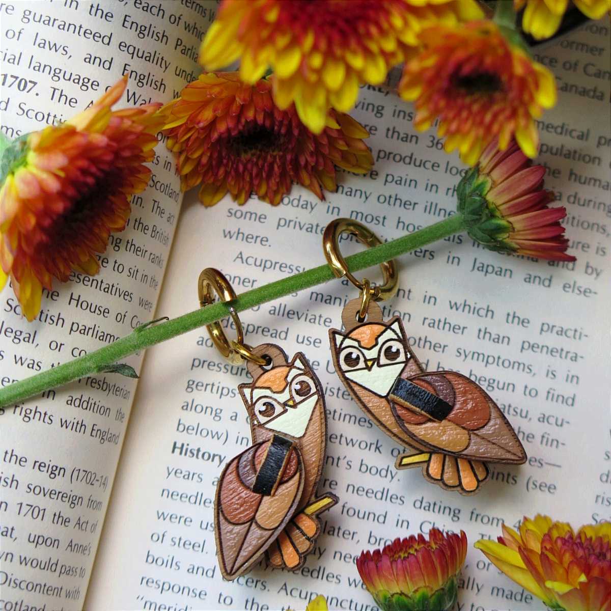 Wooden dangle earring owl