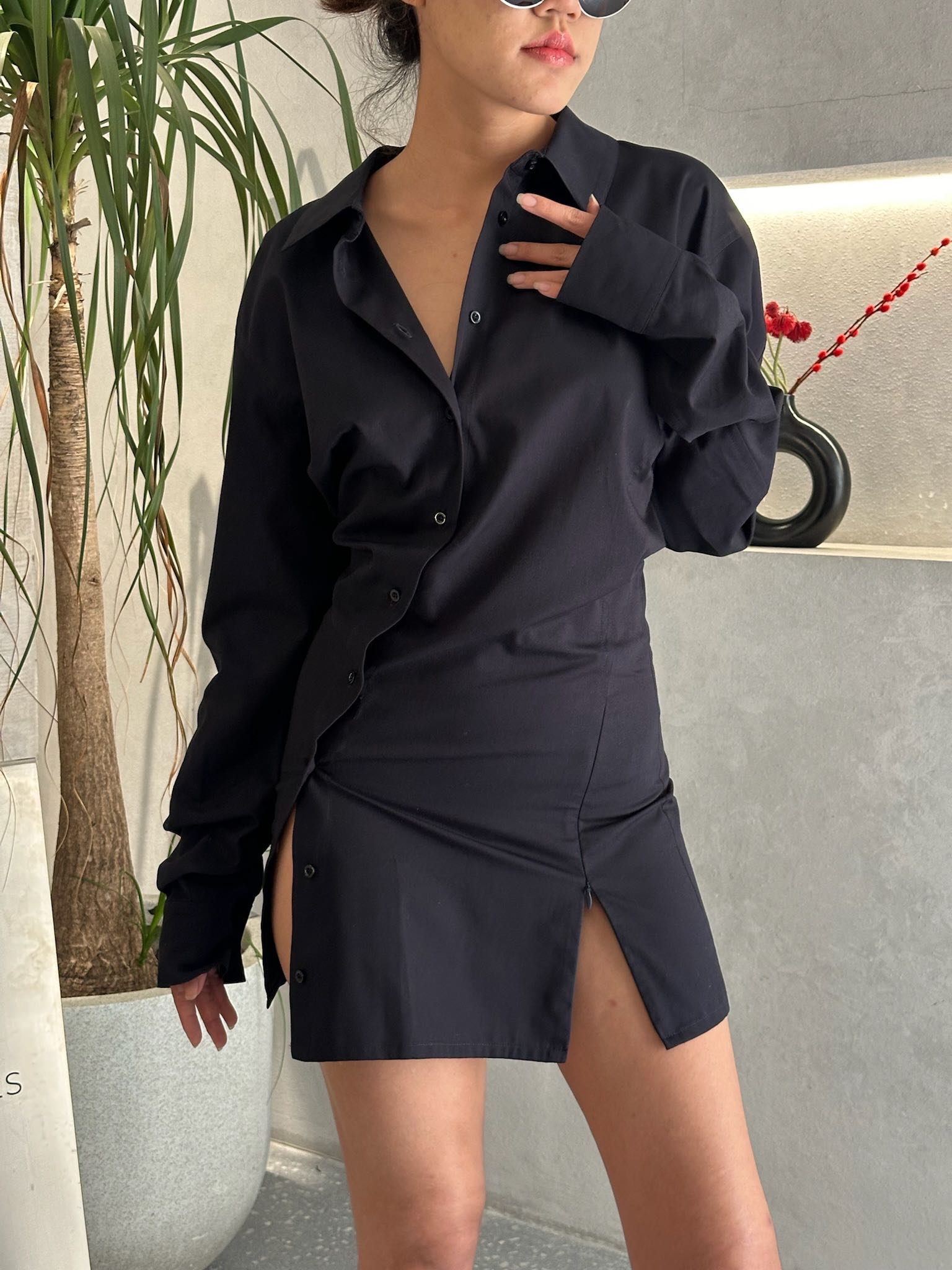 SALE Jade Cropper Asymmetric Shirt Dress with Extended Shoulders  - Dark Navy