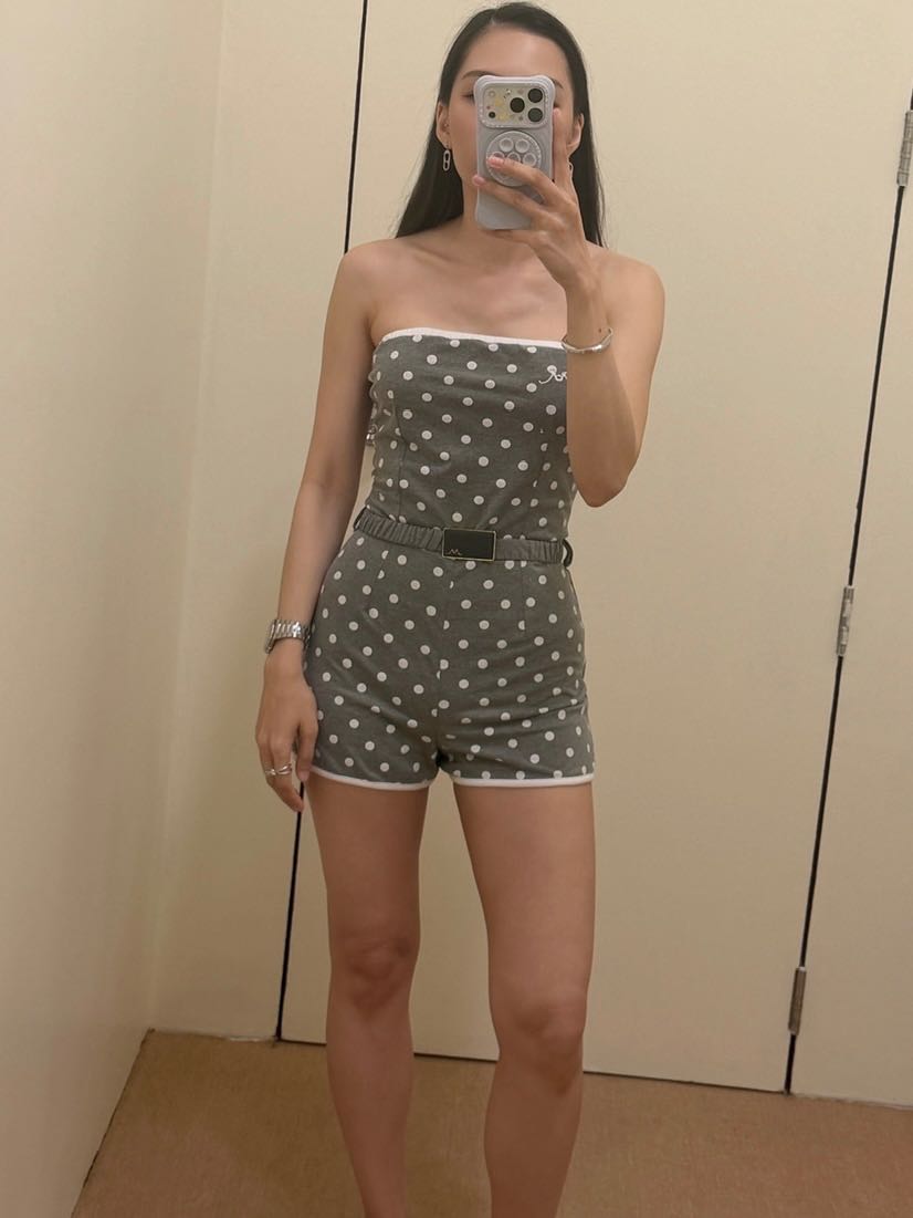  ROWEN ROSE POLKA DOTS BUSTIER MINI JUMPSUIT - GREY POLKA DOTS