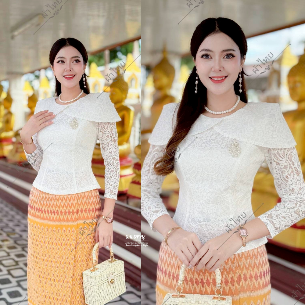 เสื้อลูกไม้ ลุคคุณนาย แขนยาว แต่งแขนปีกนก งานเข้ารูปเข้าทรง ใส่ไปทำบุญ สวย ไฮโซมาก