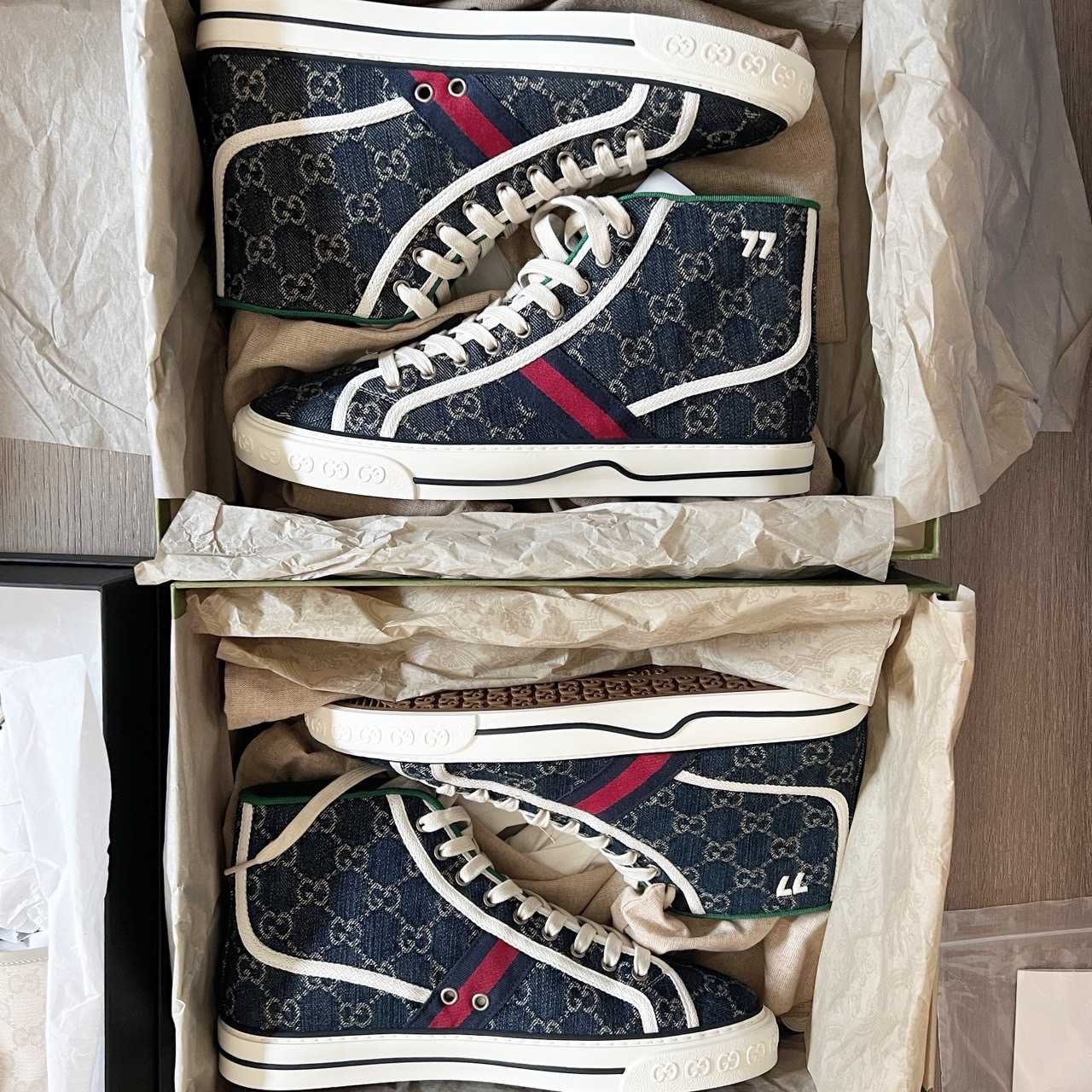 New GUCCI - Tennis Sneakers  1977 Webbing-Trimmed Monogrammed Denim High-Top Sneakers - Blue 