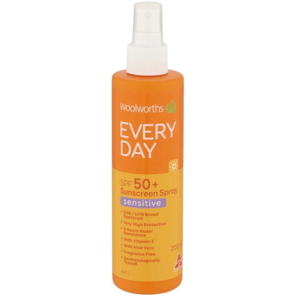 ก้นแดดสำกรับผิวแพ้ง่าย Woolworths Everyday Sunscreen Sensitive Spray Spf50+ 200ml.