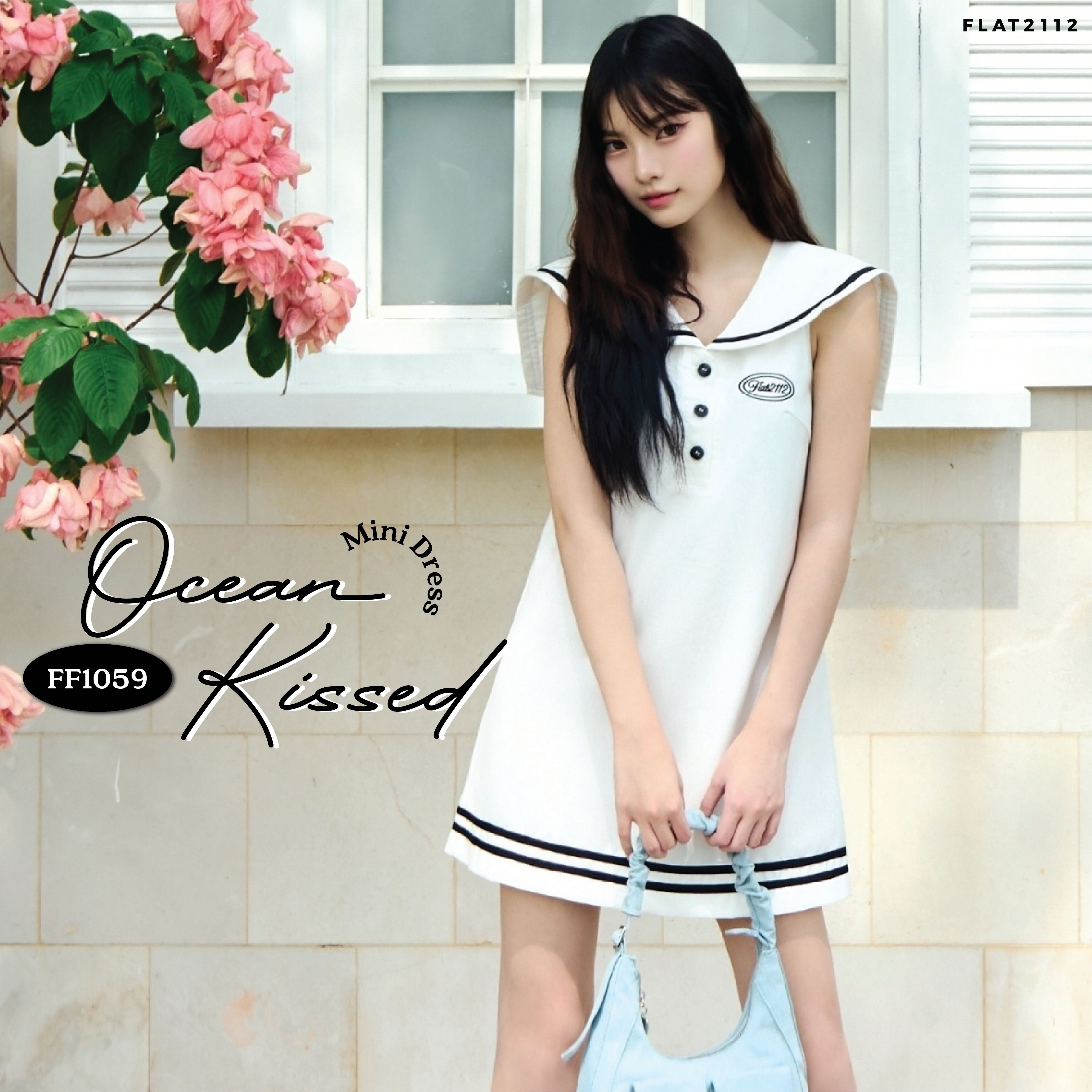 FLAT2112 FF1059 : OCEAN KISSED MINI DRESS เดรสสั้น เดรสปกกะลาสี เดรสแขนกุด ชุดผู้หญิง แฟชั่นผู้หญิง