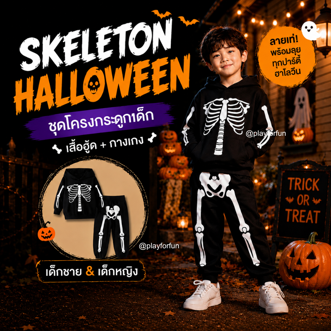 ชุดฮาโลวีนเด็ก โครงกระดูกเรืองแสง เสื้อฮู้ดพร้อมกางเกง ชุดแฟนซี Halloween เด็กชายเด็กหญิง