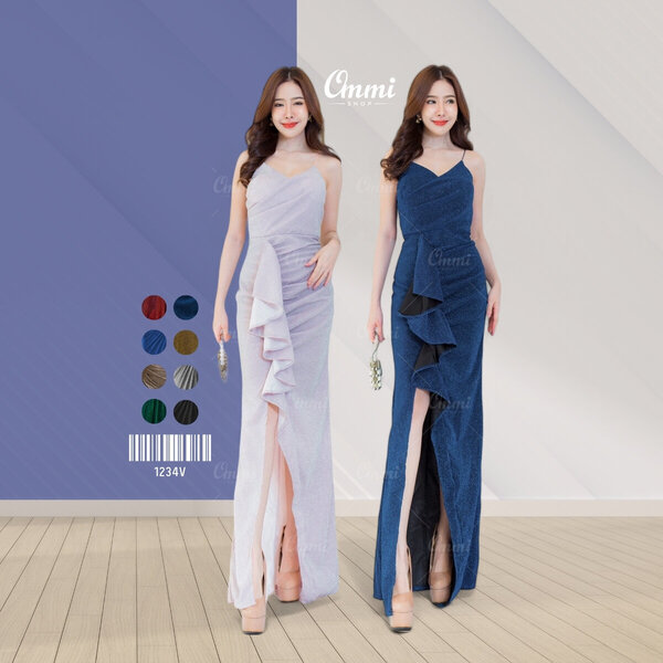 Ommishop ชุดราตรี 1234V สายเดี่ยวไขว้อก ผ้าวิ้งเพชร เดรสออกงาน ชุดงานแต่ง เพื่อนเจ้าสาว