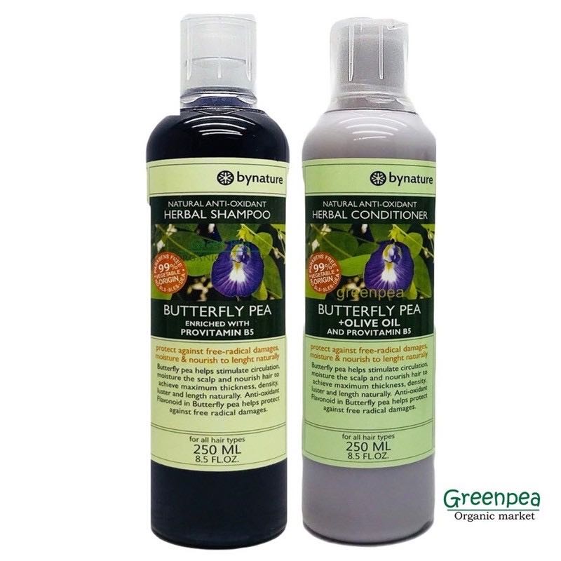 Bynature แชมพูและครีมนวดผมดอกอัญชัน 250 ml. Free paraben, No sls,sles  รักษาผมร่วง คัน
