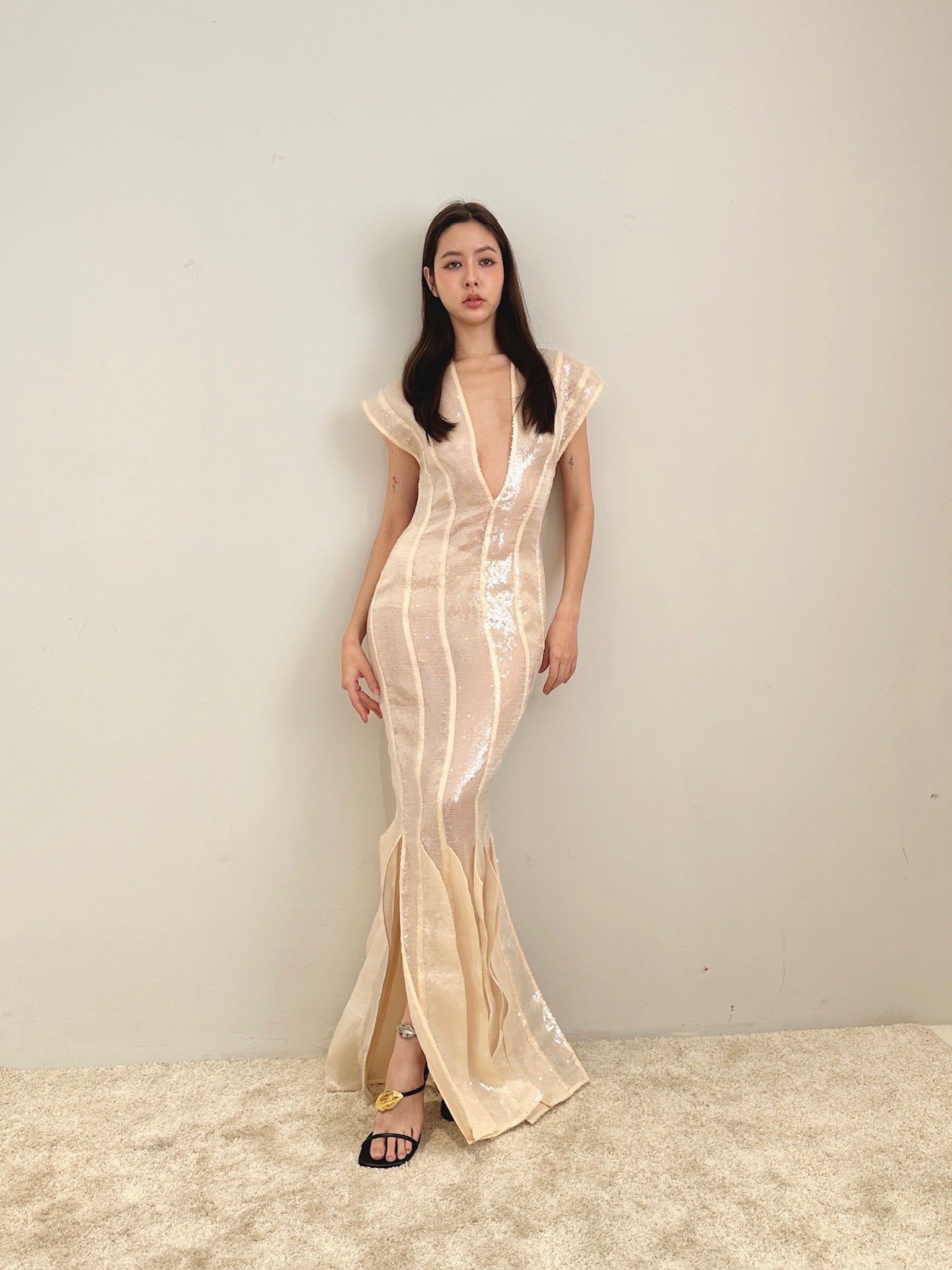 A.W.A.K.E. MODE SEQUIN MULTI PANEL DRESS - IVORY