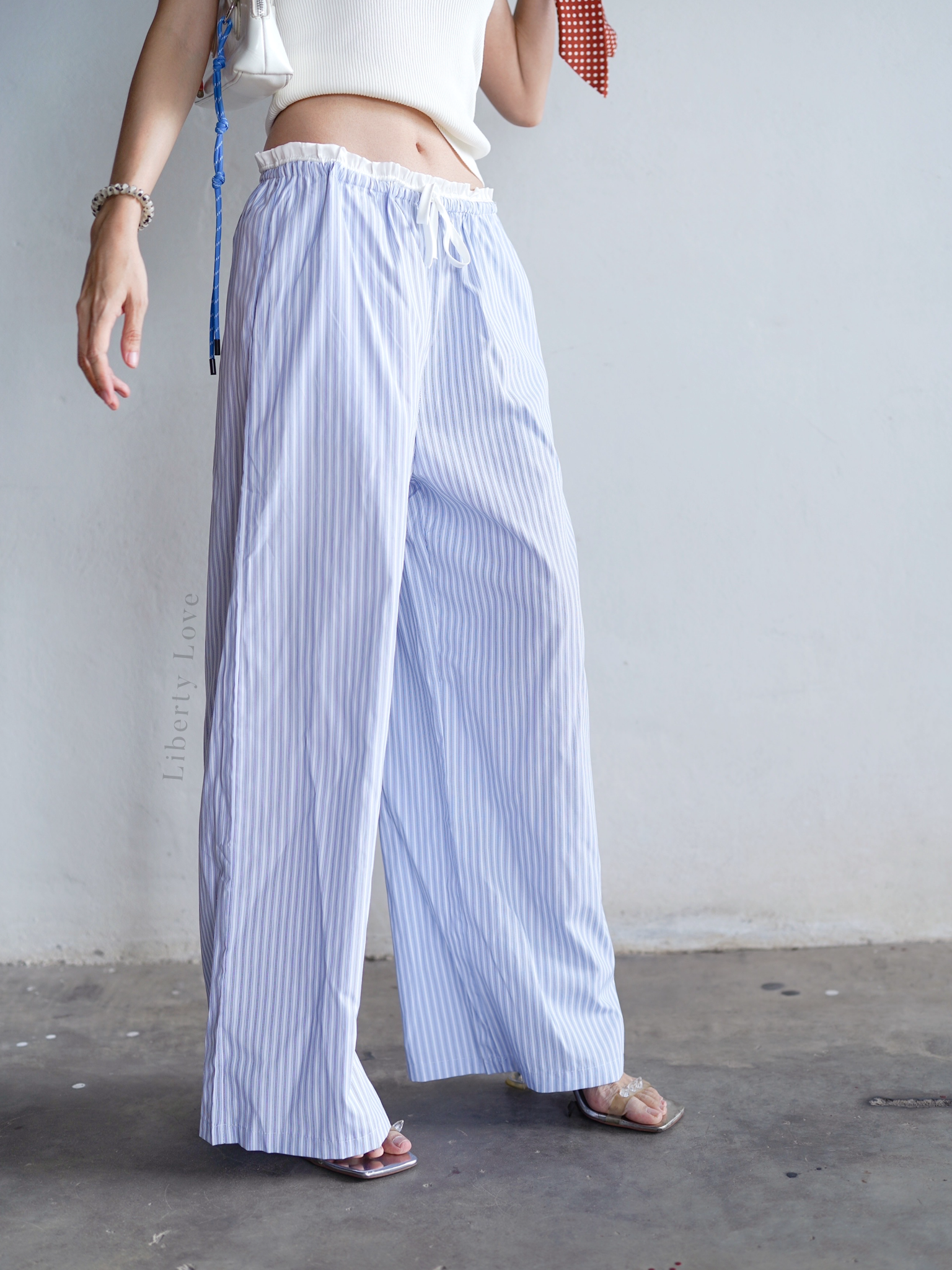 5090#1  Lacy waist blue stripe pants 