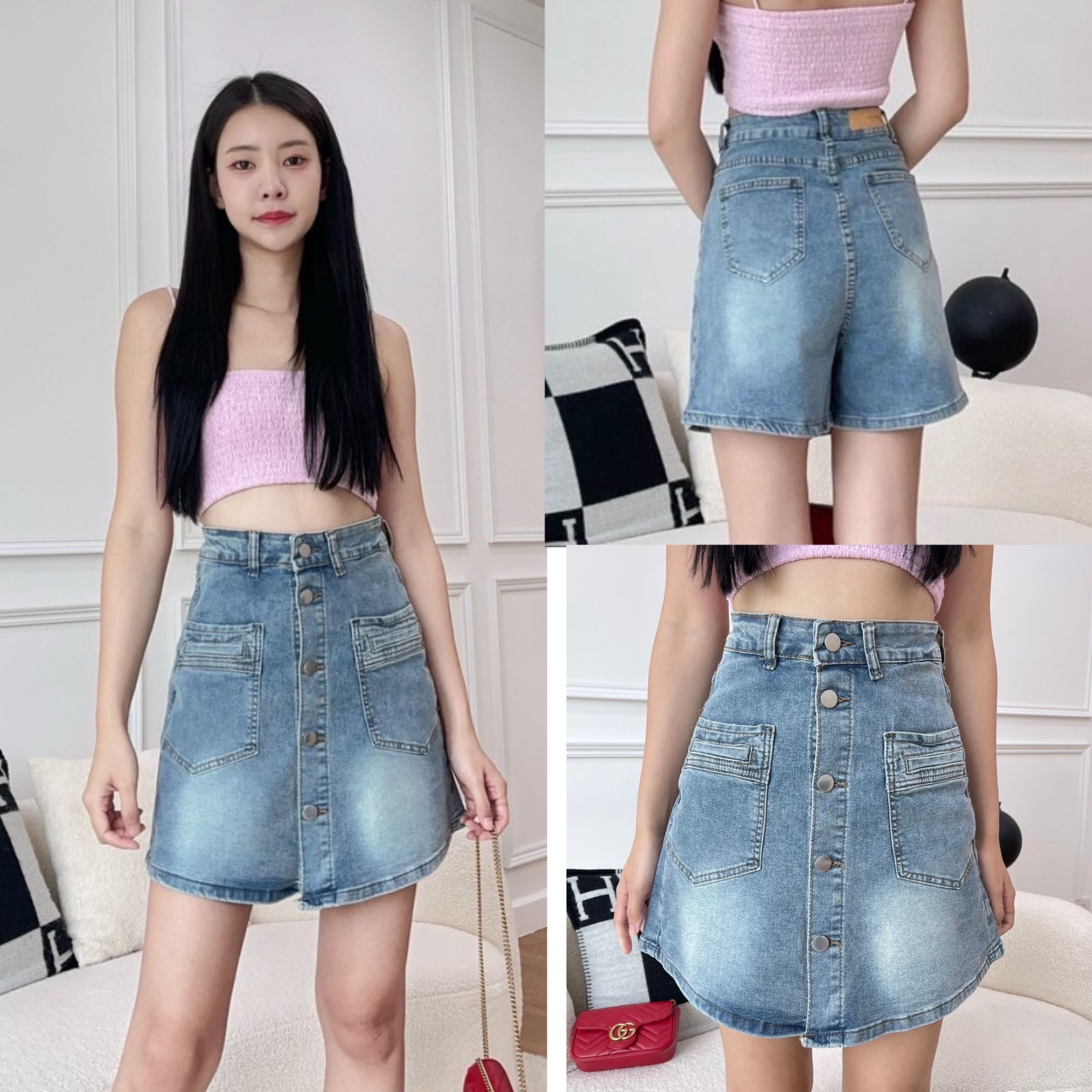 กางเกงกระโปรงผ้ายืด กระเป๋าเจาะ กระดุมผ่าหน้า สีฟอกสนิมอ่อนๆ NN 9623
