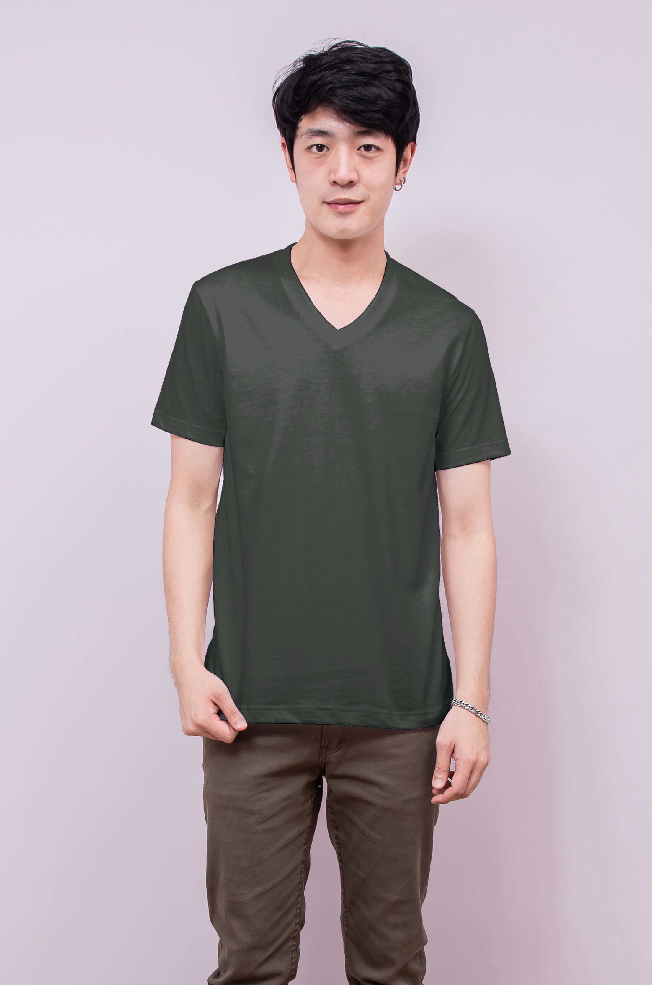 Noproblem ยอดขาย No.1 รับประกัน ไม่ย้วย ไม่ยืด ผ้านุ่ม เสื้อยืด สีพื้น เสื้อยืดคอวี สีเทาเข้ม