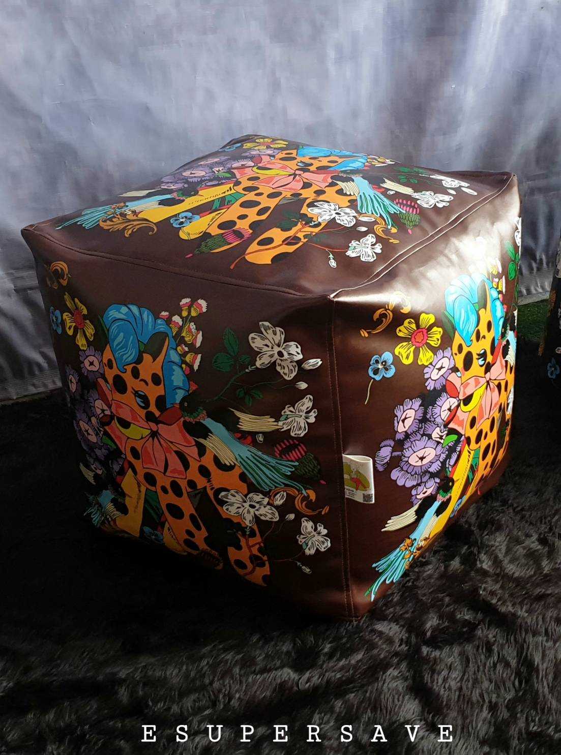 เก้าอี้ BeanBag-Stool  Size: 1 6x16x16 นิ้ว  -ลายพิมพ์พื้นสีน้ำตาล - วัสดุหนังเทียม PVC