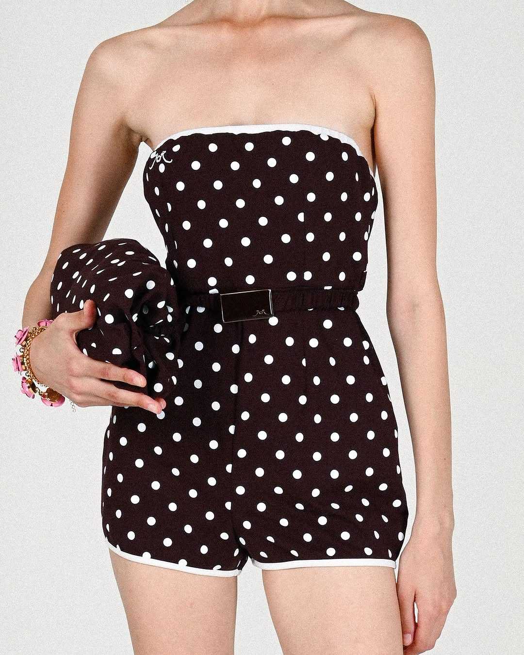 ROWEN ROSE POLKA DOTS BUSTIER MINI JUMPSUIT - BROWN POLKA DOTS