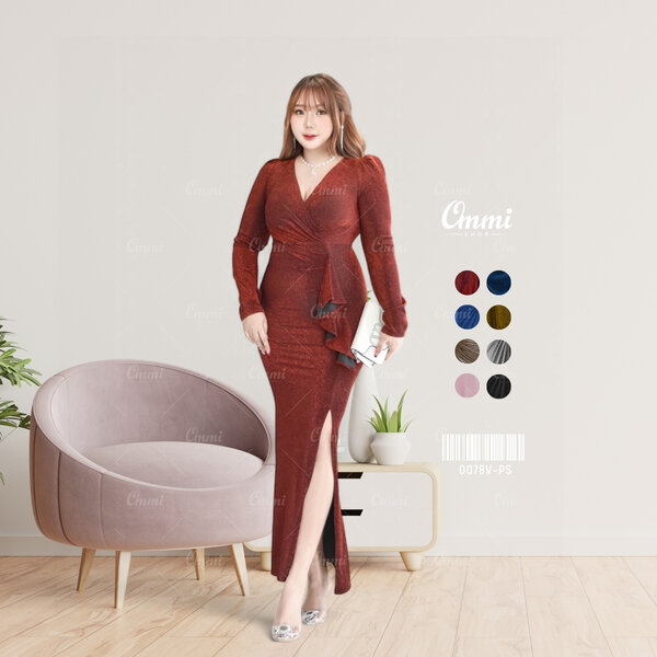 Ommishop ชุดราตรี 0078V-PS คอวี แขนยาว แต่งจีบแขนยก เจ้าหญิง ผ้า Glitter เดรสออกงาน ชุดงานแต่ง เพ...