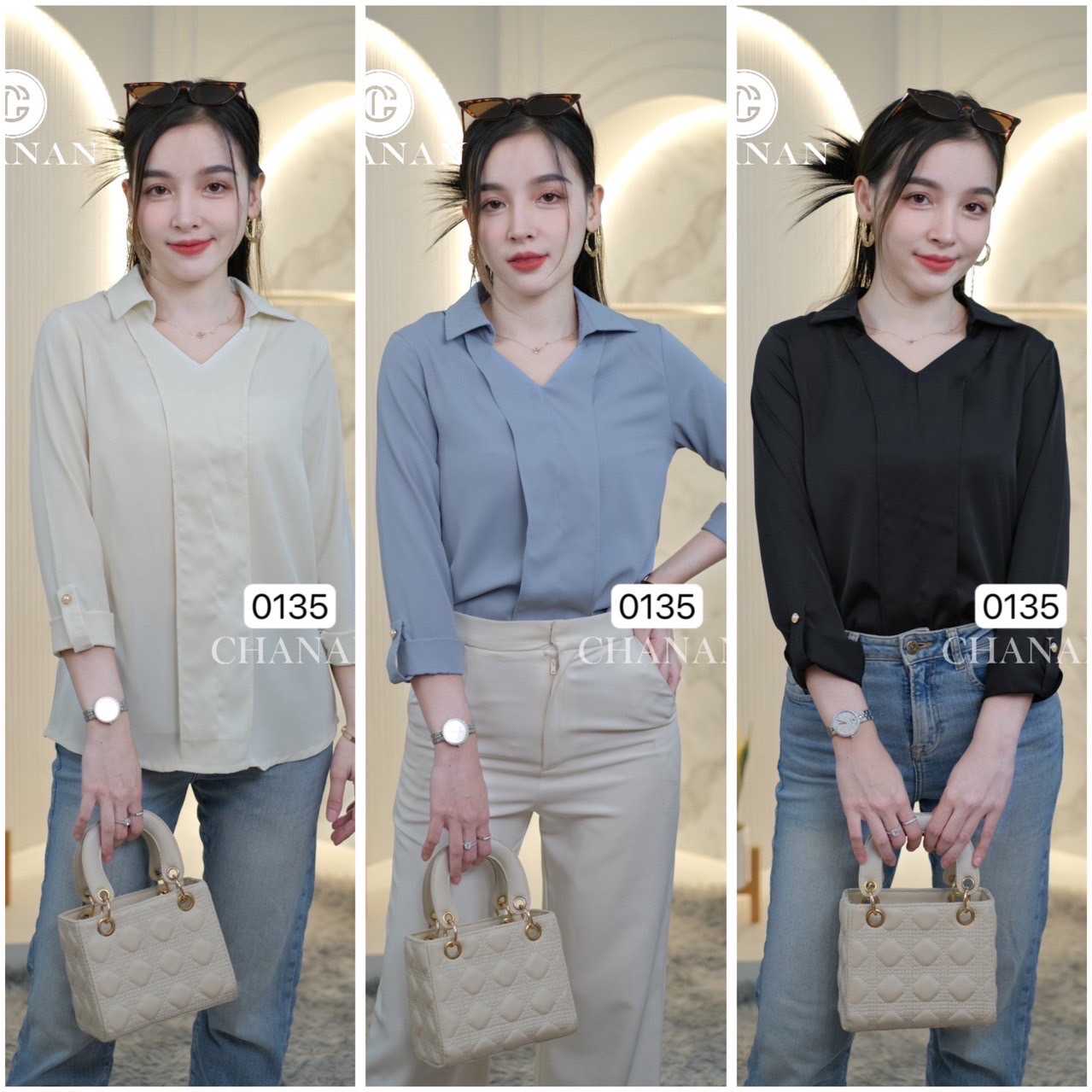 0135 เสื้อแขนยาว คอปกแต่งวีเล็กๆ ทรงสวย ผ้านิ่ม ใส่สบาย มี3สี