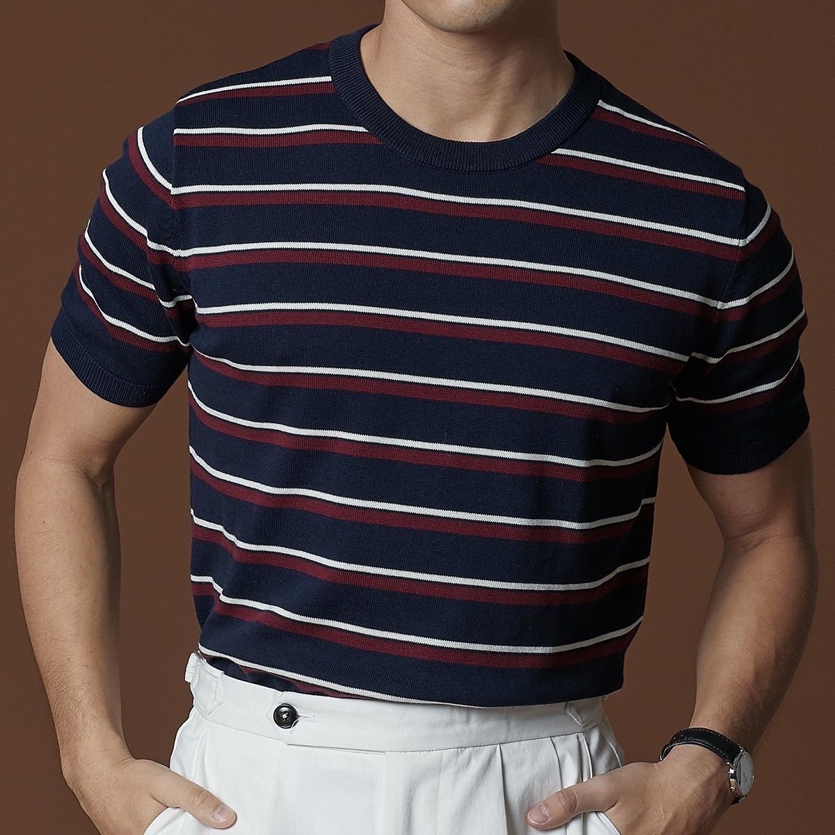 URBAN STRIPED KNIT TEE - NAVY 