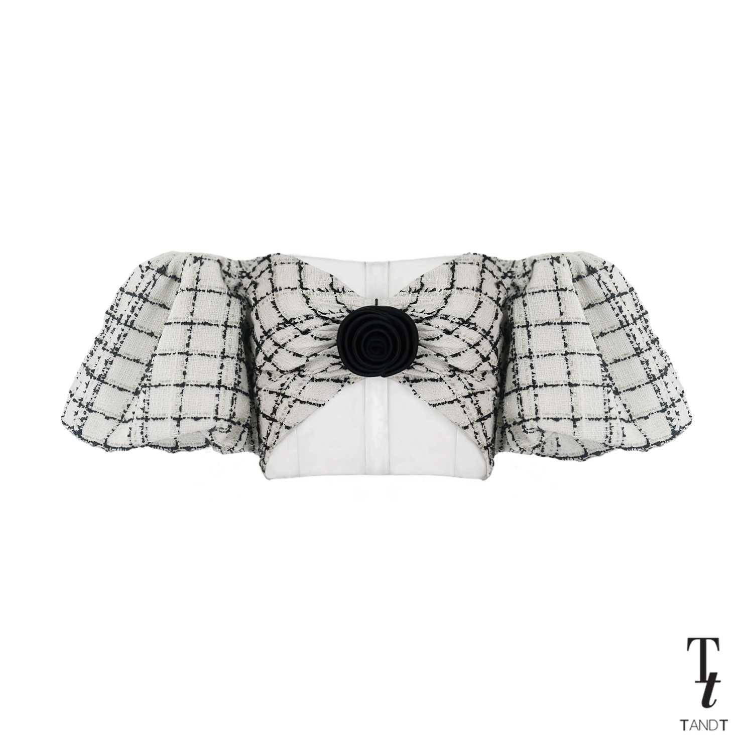 SHIRNA - ROSE HAND-CRAFTED OFF-THE-SHOULDER PUFF SLEEVES TWEED TOP