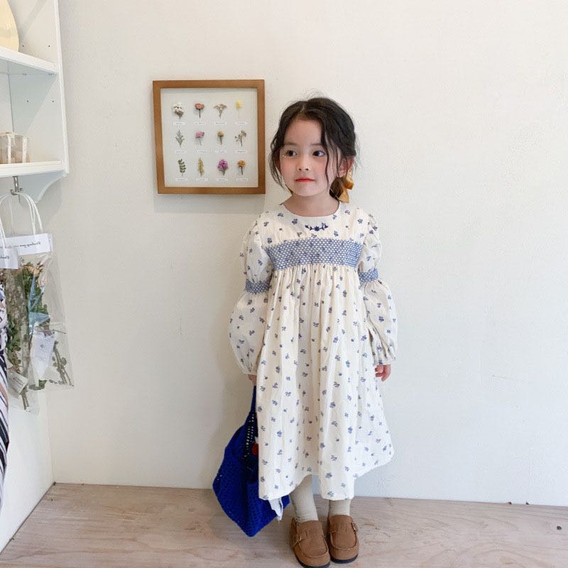 Blue Embroidered Smocked Dress