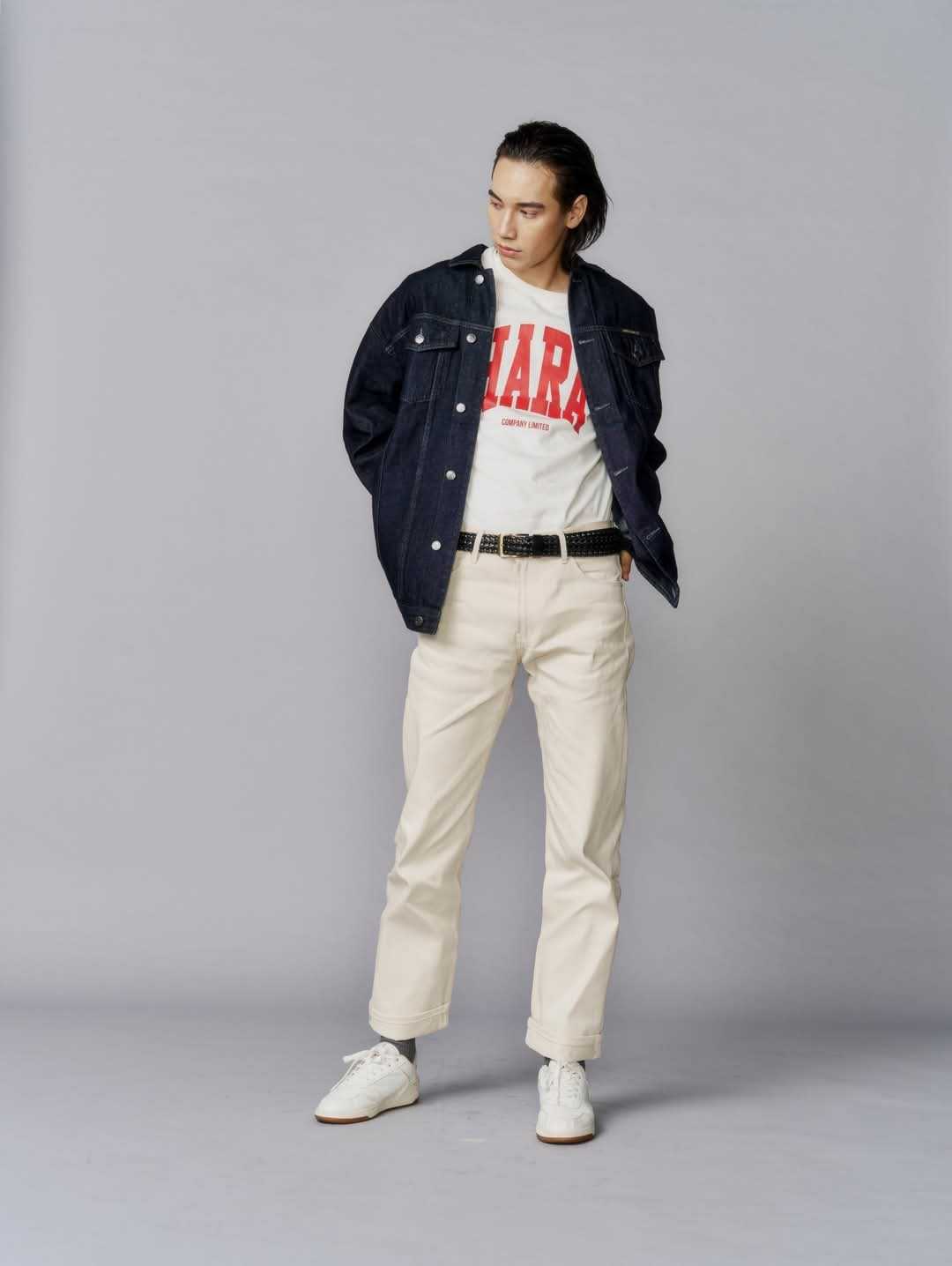 HARA ยีนส์สีขาวครีม ริมแดง 13.5oz