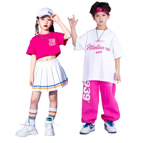 friendly4kid พร้อมส่ง ชุดเต้น ชุดแดนซ์ เสื้อสีขาว+กางเกงขายาว/กระโปรง สีชมพู