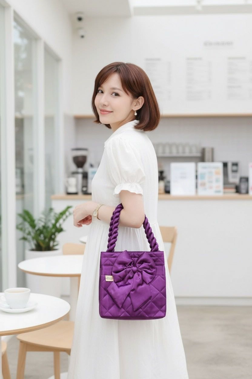 กระเป๋าถือผ้าซาติน สีม่วง แต่งโบว์สายเกียว แบรนด์ Fabrica