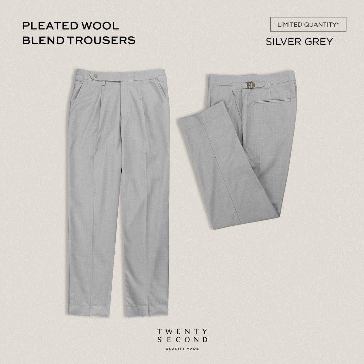 PLEATED WOOL BLEND TROUSERS - SILVER