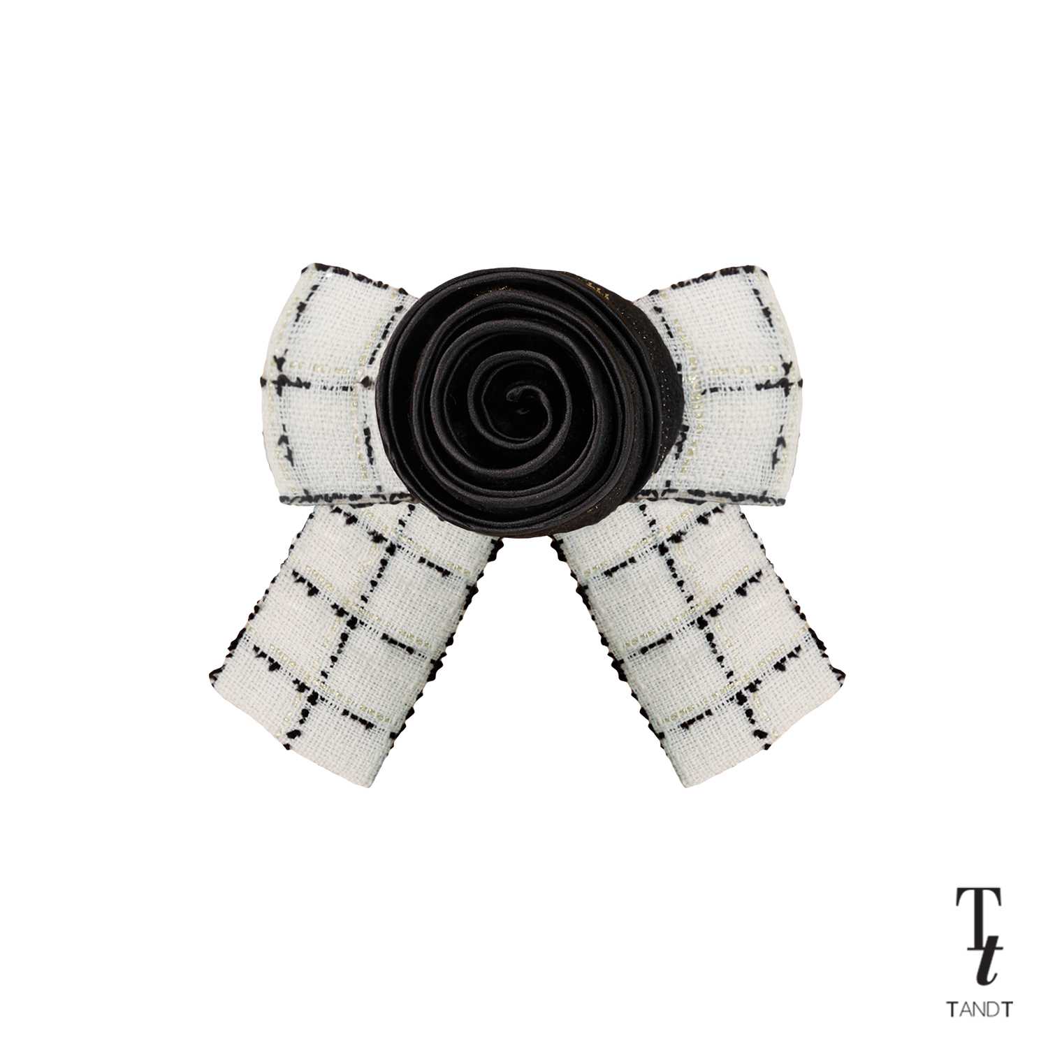 ROSE BOW WHITE AND BLACK - ROSE HAND-CRAFTED ON TOP BOW HAIR CLIP