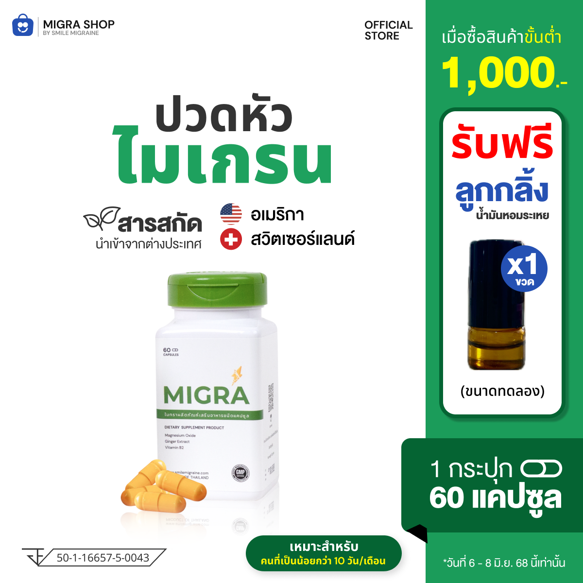 [ส่งฟรี] Migra 500 mg  สำหรับผู้ป่วยไมเกรน ลดไมเกรน ขนาด 60 แคปซูล