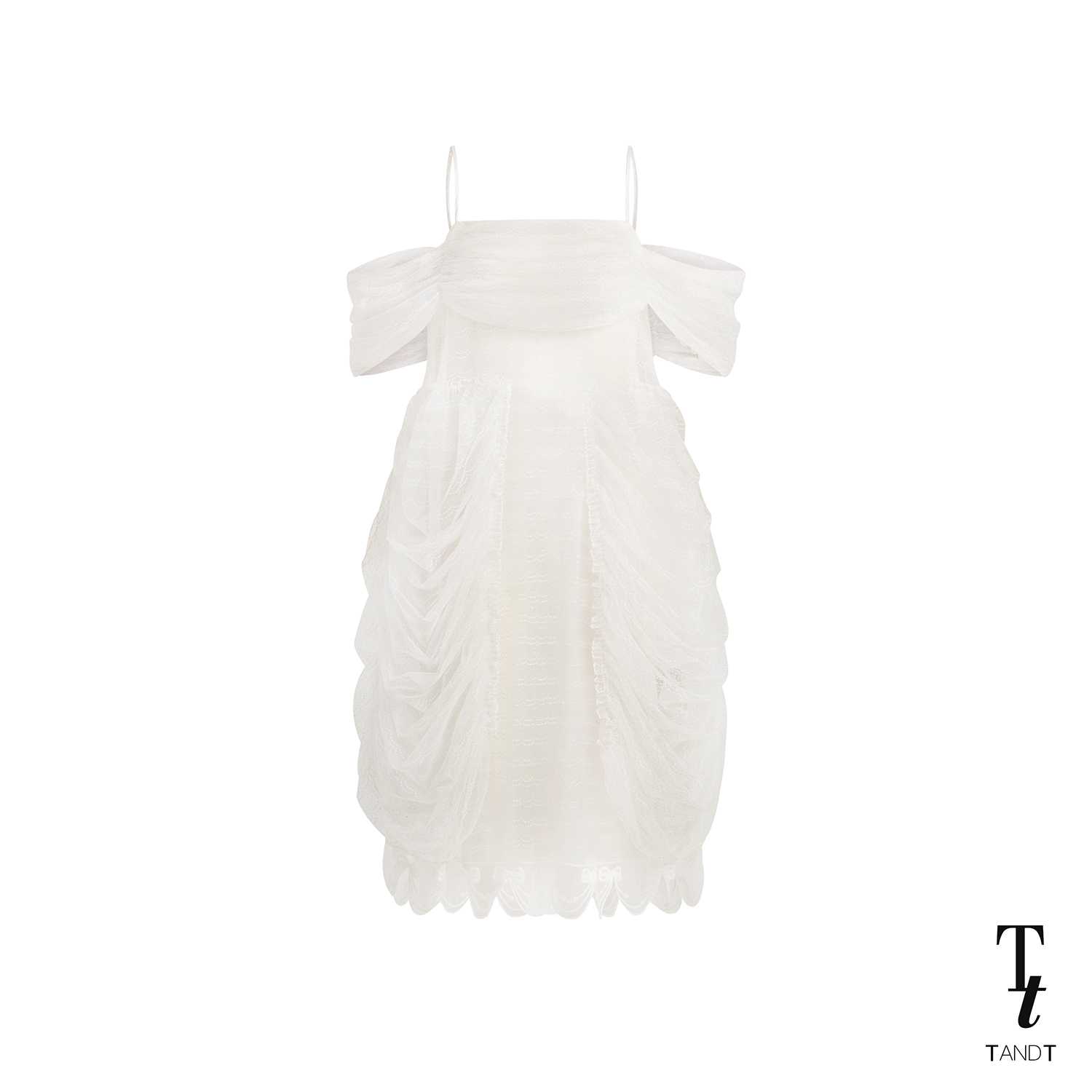 TandT - THUMBELINA DRESS - SPAGHETTI STRAPS DRAPED RUCHED LACE TRIMMED TULLE MIDI DRESS