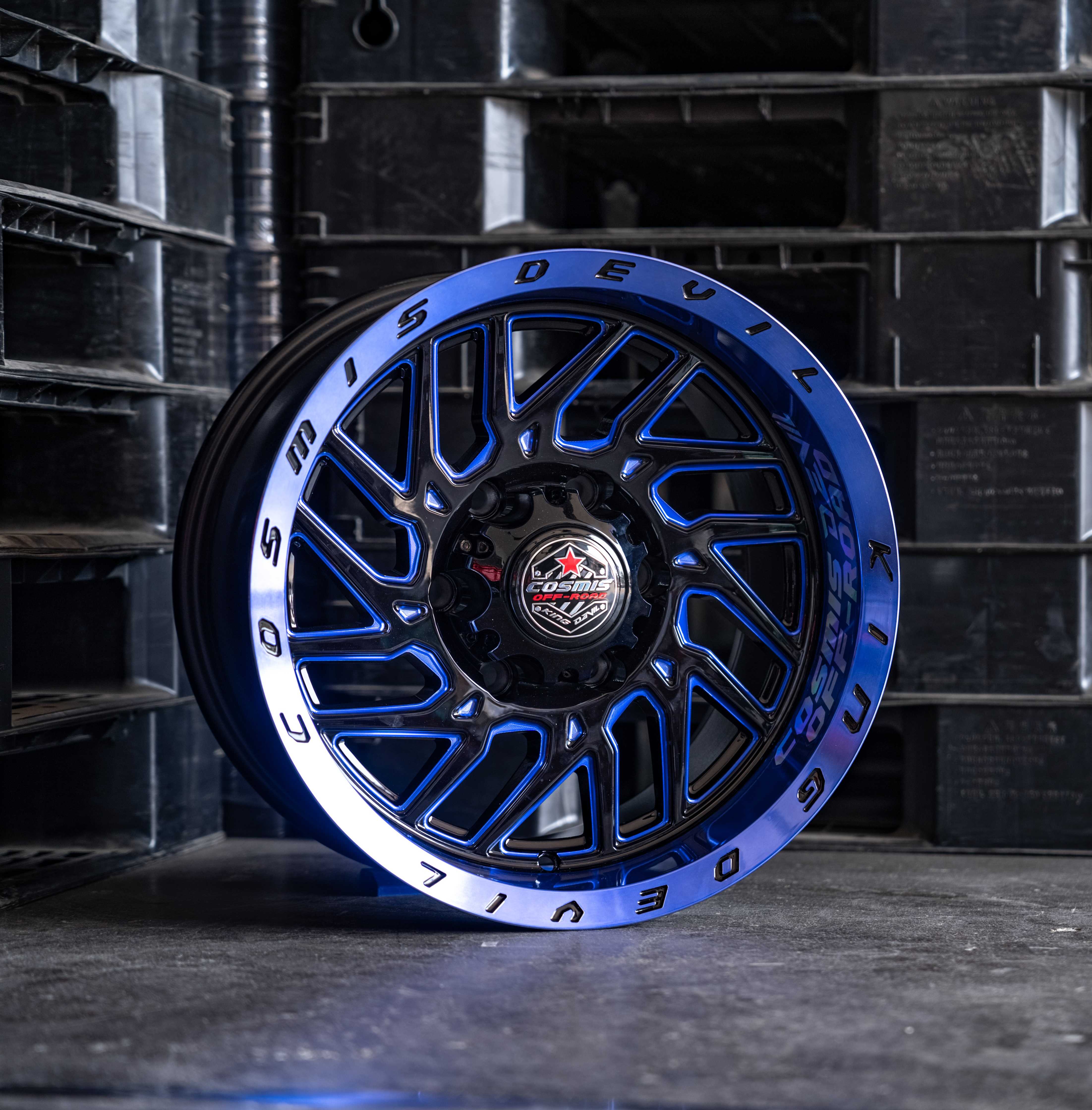 KING-DEVIL 16X9.06X139.7ET0CB.106 B-LPU-WU(X)สีดำขอบน้ำเงินCNCข้างก้านน้ำเงิน+ตัวหนังสือที่ขอบCustom